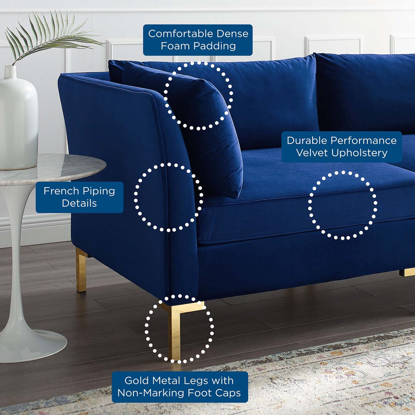Ardent 4-Seater Performance Velvet Sofa, Velvet, Blue Navy, 19624