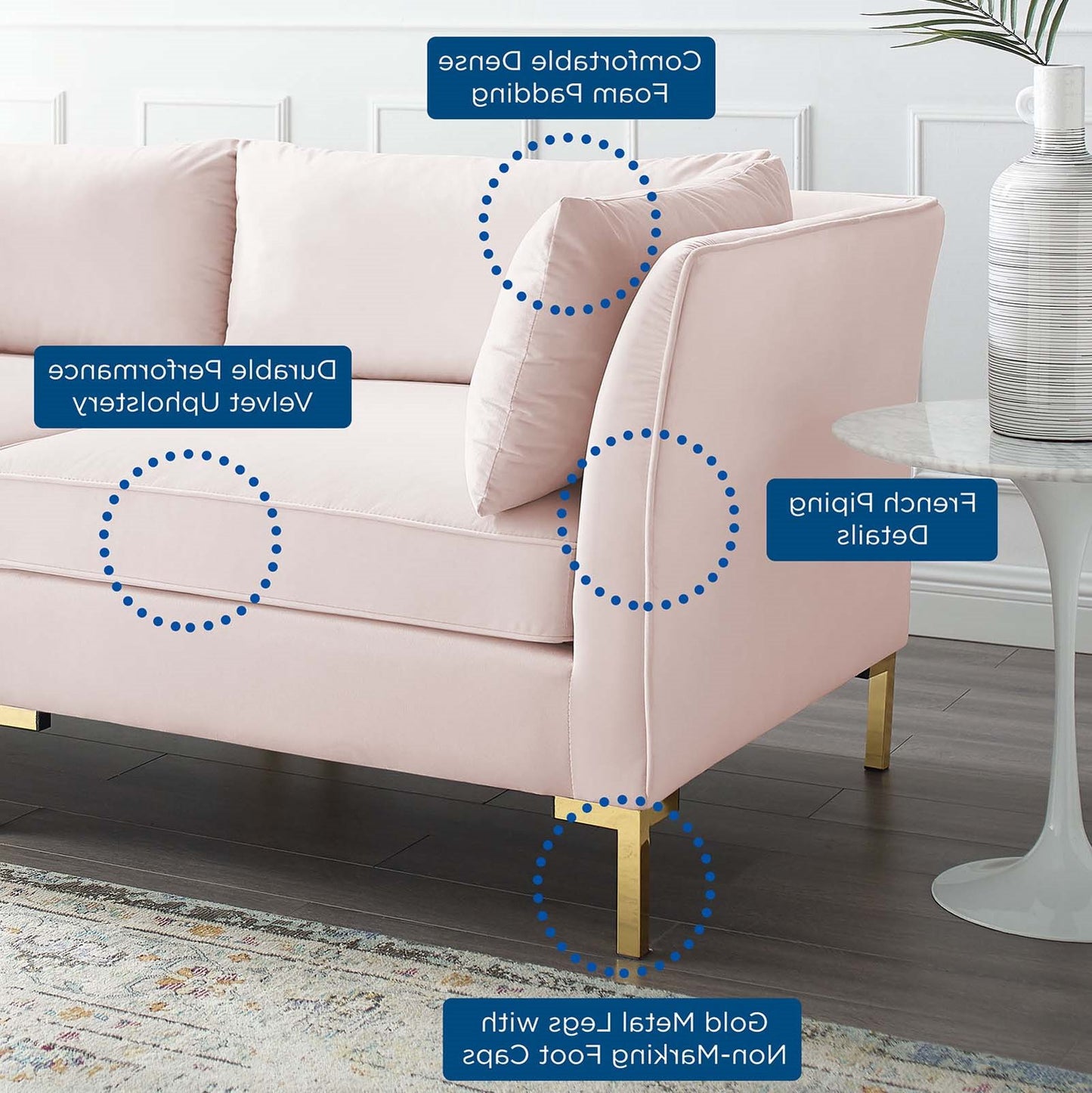Ardent 7-Piece Performance Velvet Sectional Sofa, Velvet, Pink, 19637