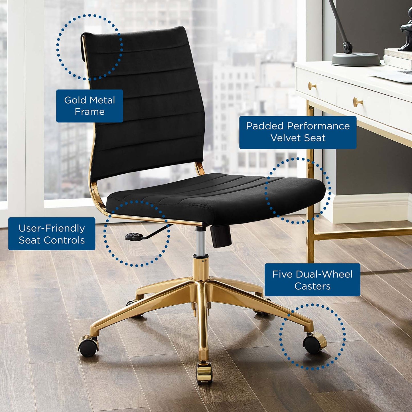 Jive Armless Mid Back Performance Velvet Office Chair, Velvet, Black, 19641