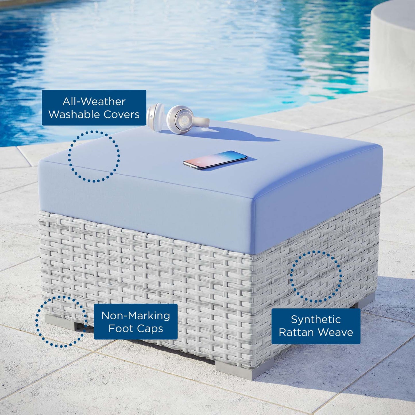 Convene Outdoor Patio Ottoman, Rattan, Wicker, Light Grey Gray Light Blue, 19710