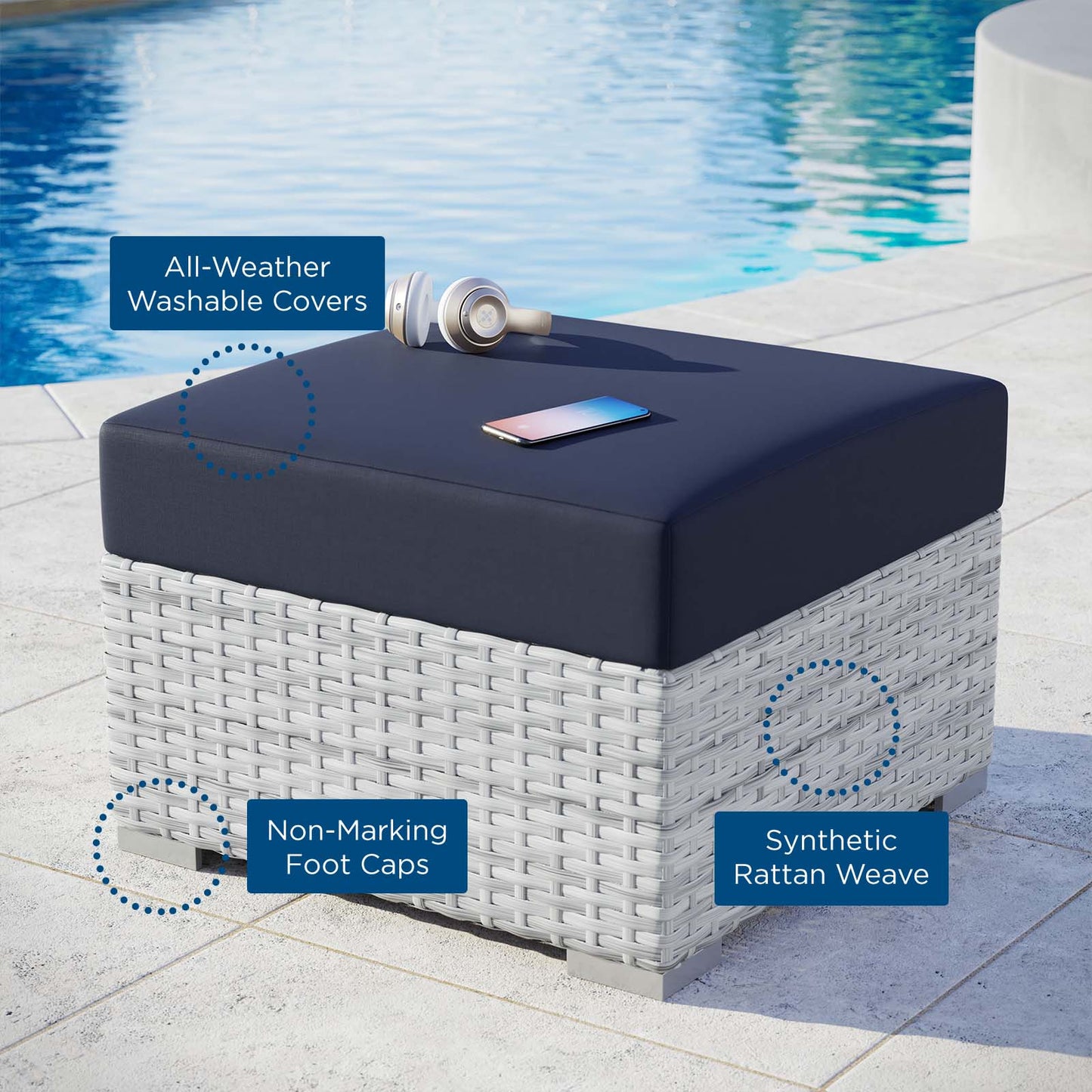 Convene Outdoor Patio Ottoman, Rattan, Wicker, Light Grey Gray Blue Navy, 19711
