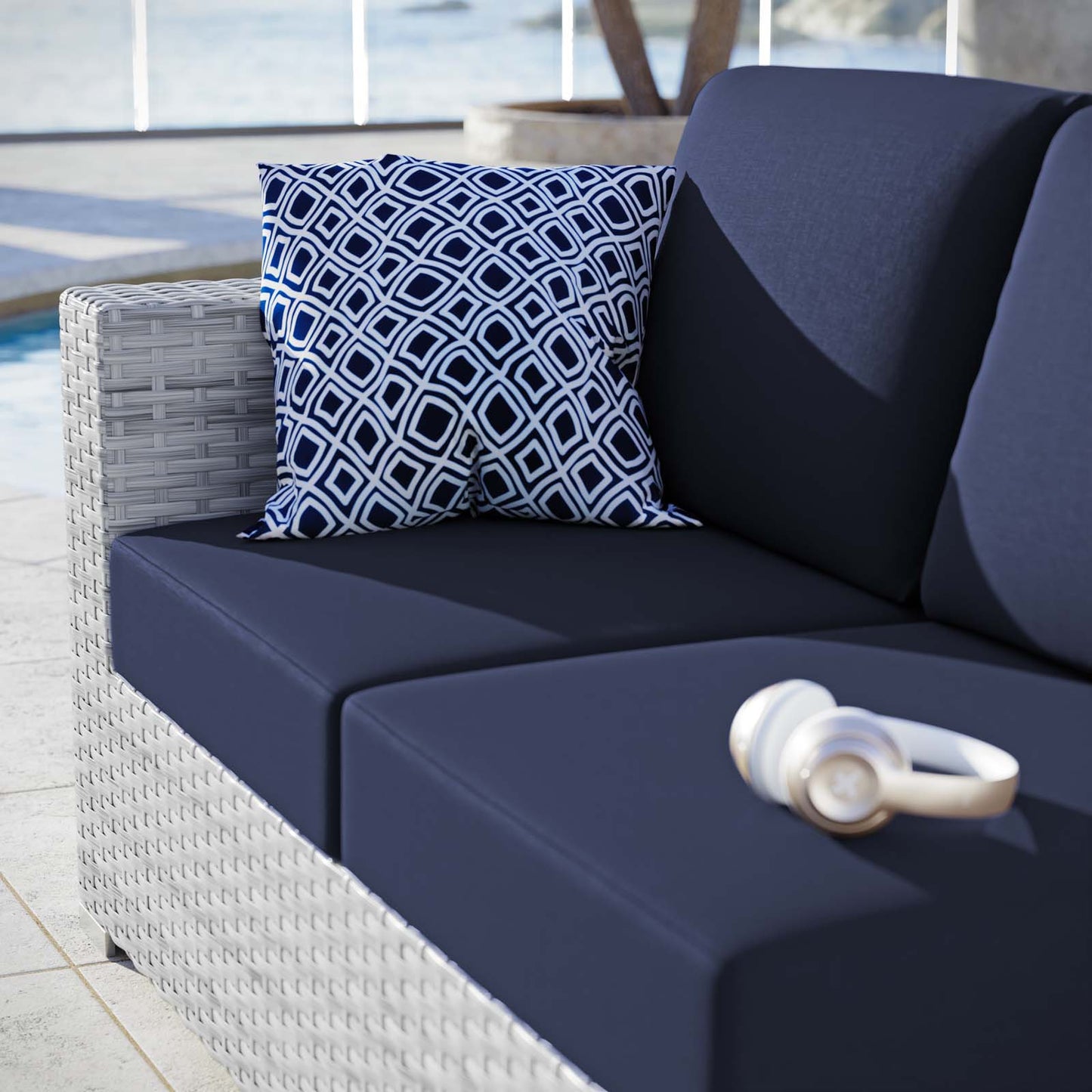 Convene Outdoor Patio Left-Arm Loveseat, Rattan, Wicker, Light Grey Gray Blue Navy, 19721