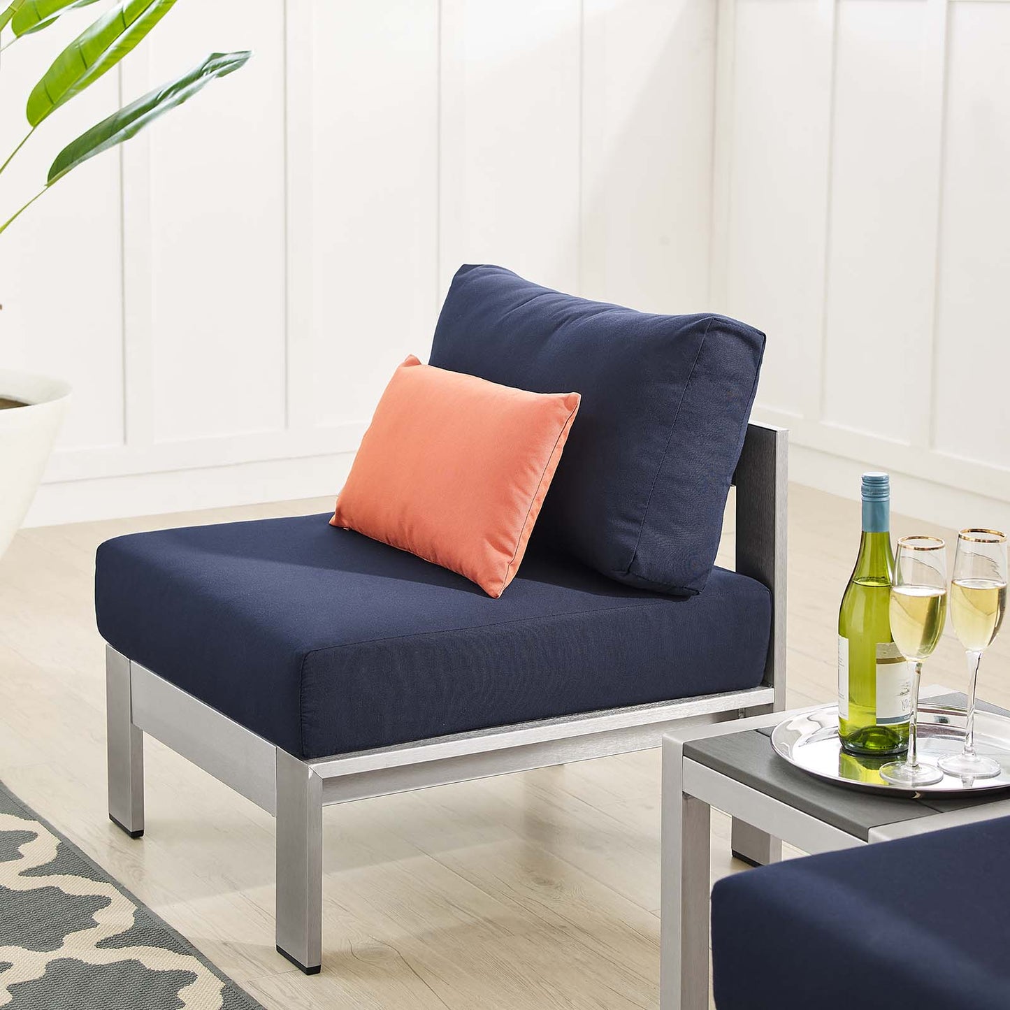 Shore Sunbrella® Fabric Outdoor Patio Aluminum 3 Piece Set, Fabric, Aluminum, Metal, Steel, Silver Blue Navy, 19752