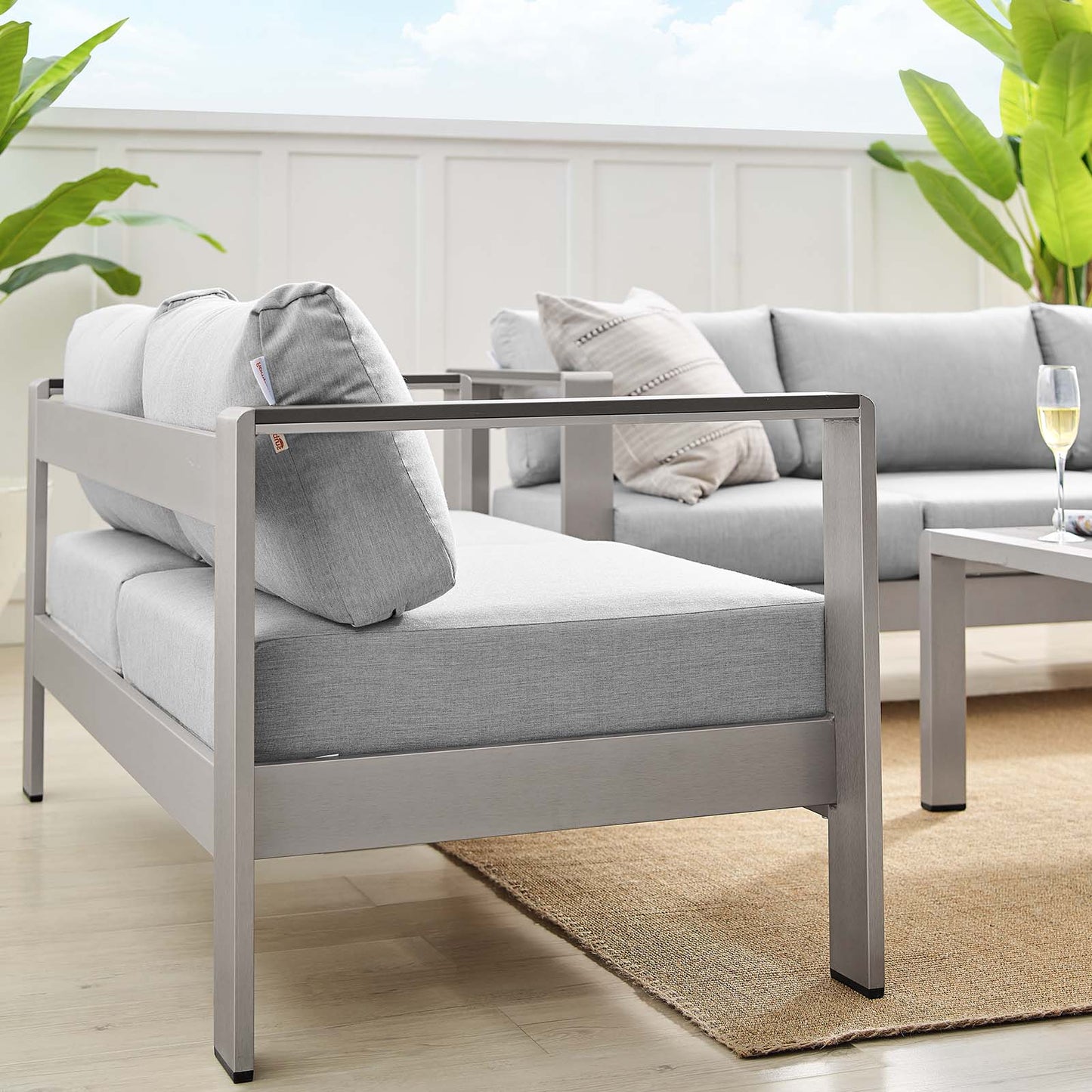 Shore Sunbrella® Fabric Outdoor Patio Aluminum 3 Piece Set, Fabric, Aluminum, Metal, Steel, Silver Grey Gray, 19753