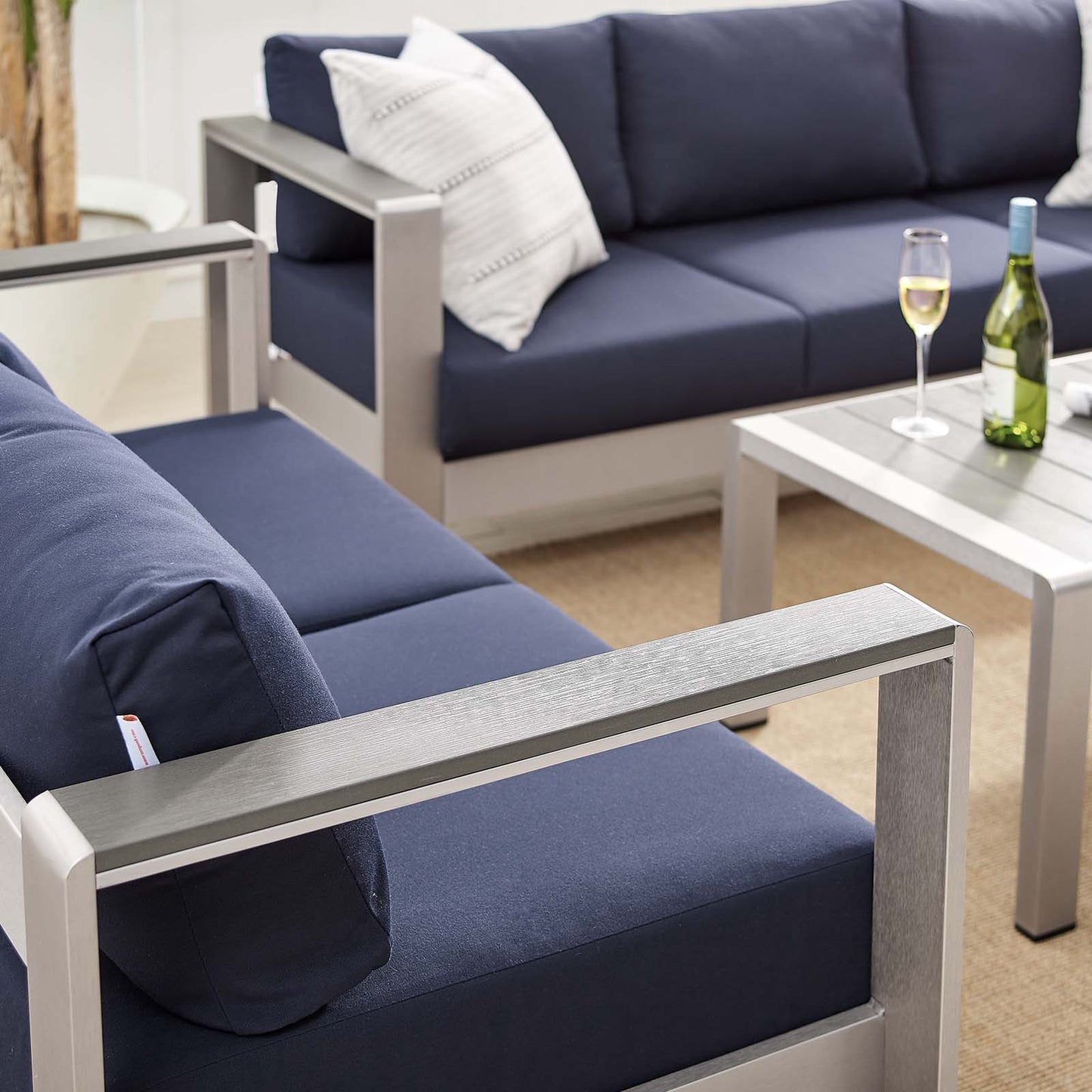 Shore Sunbrella® Fabric Outdoor Patio Aluminum 3 Piece Set, Fabric, Aluminum, Metal, Steel, Silver Blue Navy, 19754