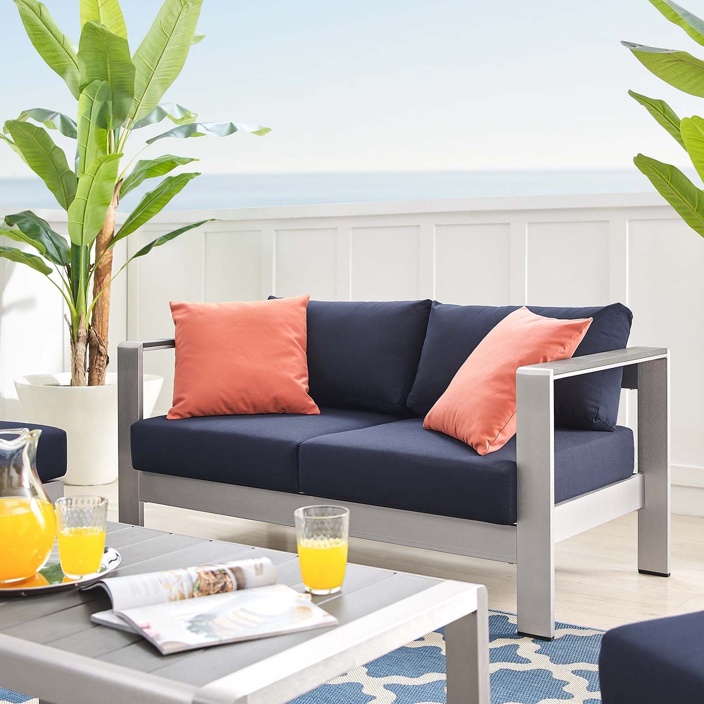 Shore Sunbrella® Fabric Outdoor Patio Aluminum 4 Piece Set, Fabric, Aluminum, Metal, Steel, Silver Blue Navy, 19758