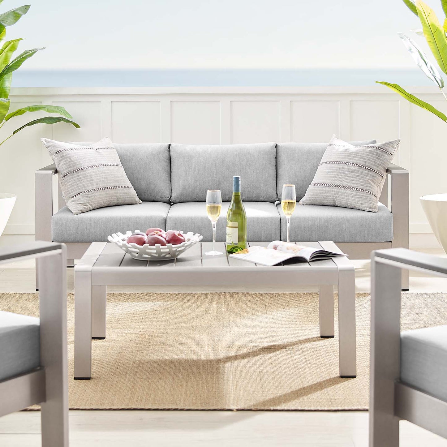 Shore Sunbrella® Fabric Outdoor Patio Aluminum 4 Piece Set, Fabric, Aluminum, Metal, Steel, Silver Grey Gray, 19759