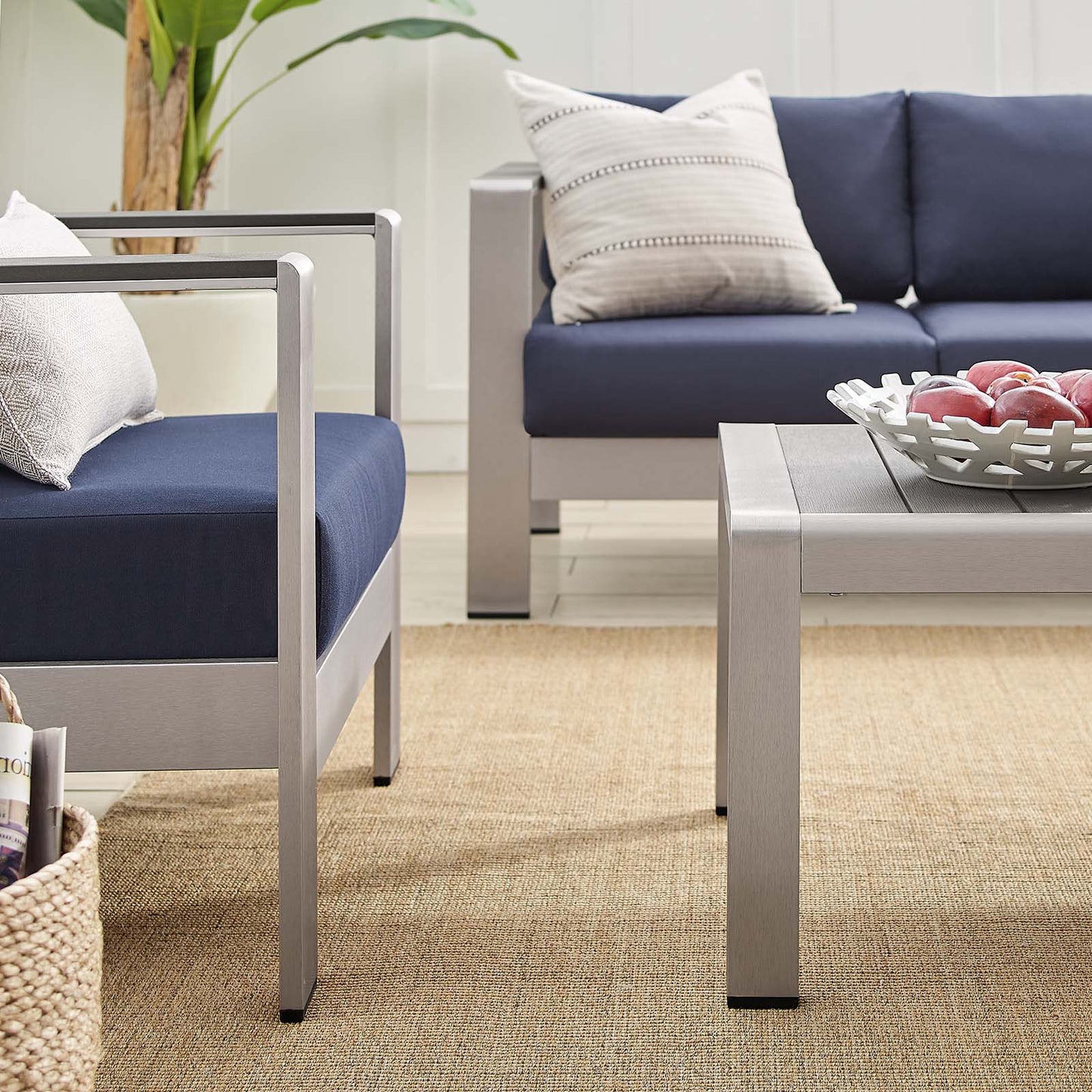 Shore Sunbrella® Fabric Outdoor Patio Aluminum 4 Piece Set, Fabric, Aluminum, Metal, Steel, Silver Blue Navy, 19760