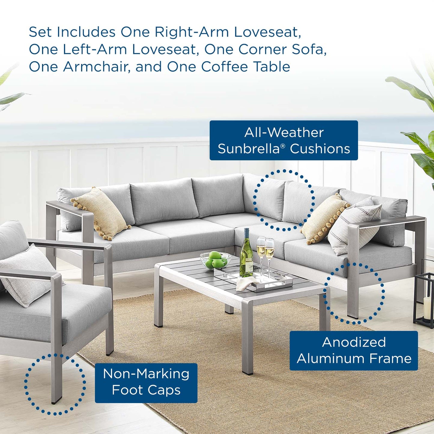 Shore Sunbrella® Fabric Outdoor Patio Aluminum 5 Piece Sectional Sofa Set, Fabric, Aluminum, Metal, Steel, Silver Grey Gray, 19761