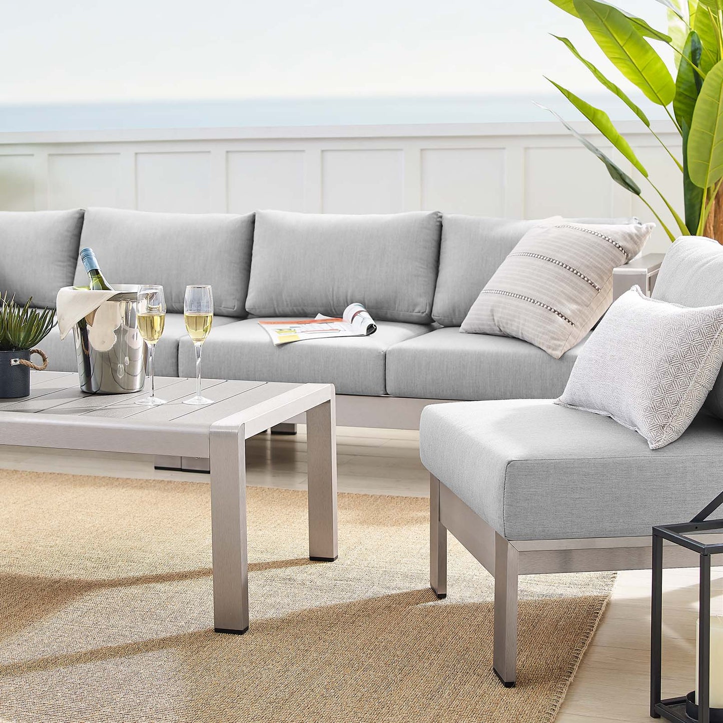 Shore Sunbrella® Fabric Outdoor Patio Aluminum 5 Piece Sectional Sofa Set, Fabric, Aluminum, Metal, Steel, Silver Grey Gray, 19763