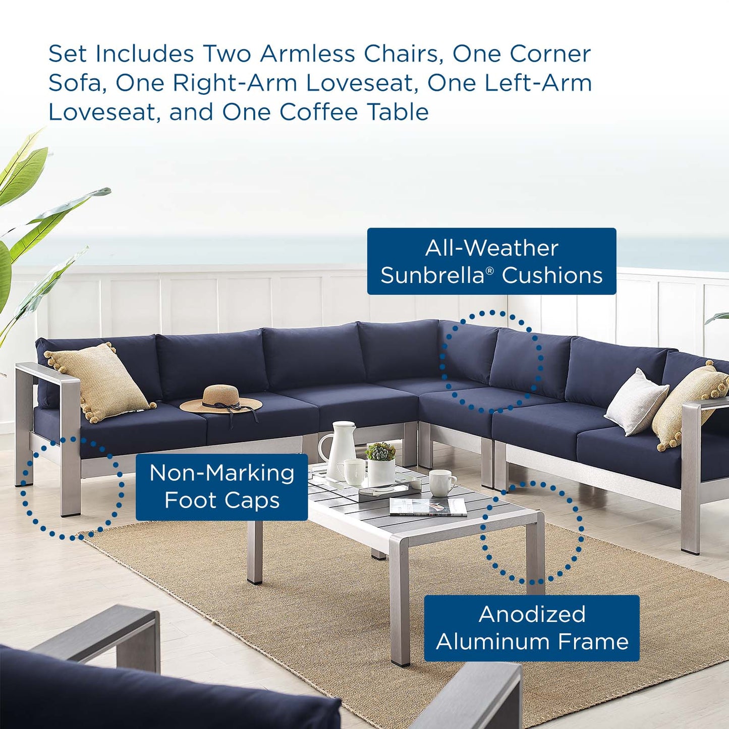 Shore Sunbrella® Fabric Outdoor Patio Aluminum 6 Piece Sectional Sofa Set, Fabric, Aluminum, Metal, Steel, Silver Blue Navy, 19766