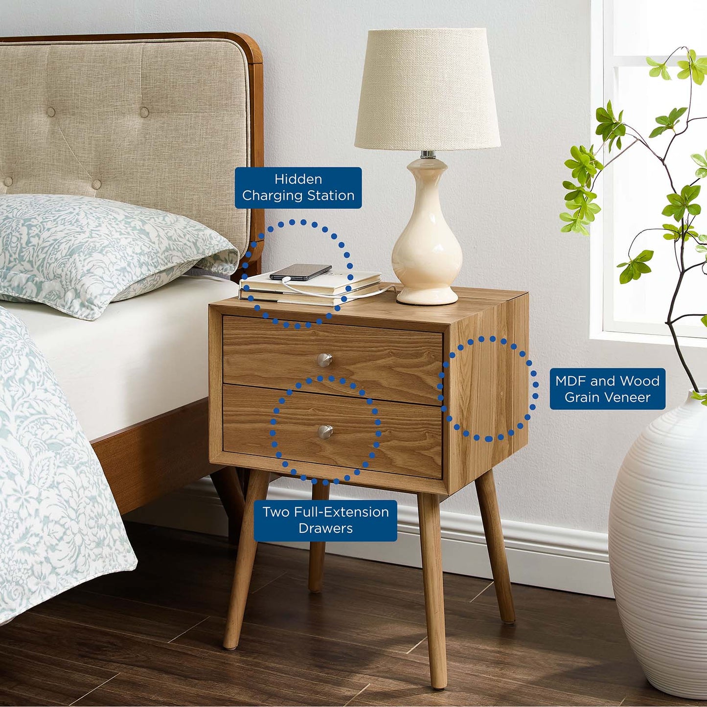 Ember Wood Nightstand With USB Ports, Wood, Brown Natural, 19787