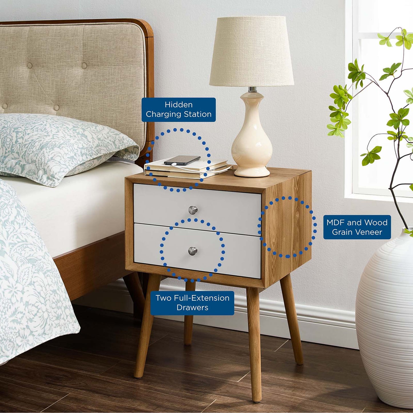 Ember Wood Nightstand With USB Ports, Wood, Brown Natural White, 19788