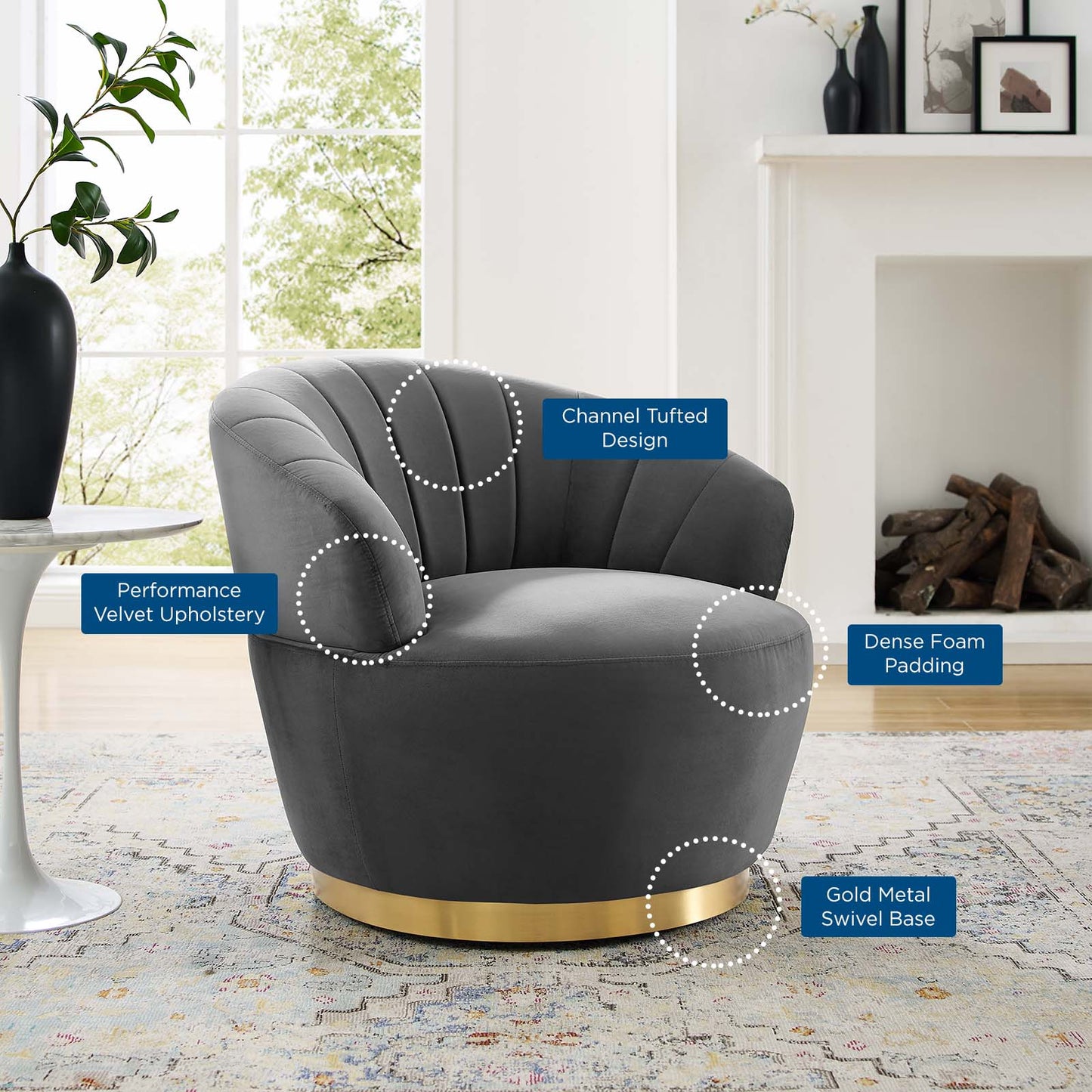 Billow Tufted Performance Velvet Swivel Chair, Velvet, Grey Gray, 19792