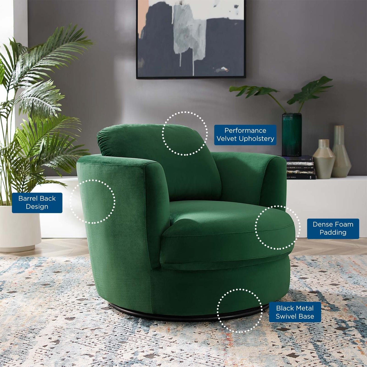 Pirouette Performance Velvet Swivel Armchair, Velvet, Green, 19794