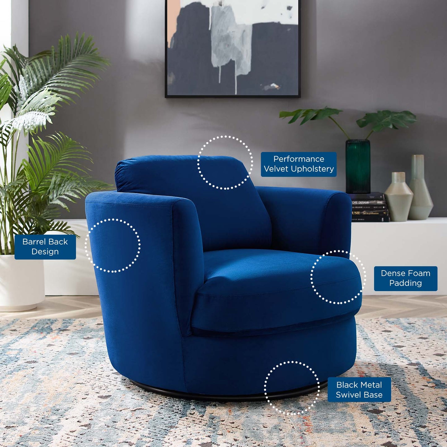 Pirouette Performance Velvet Swivel Armchair, Velvet, Blue Navy, 19796