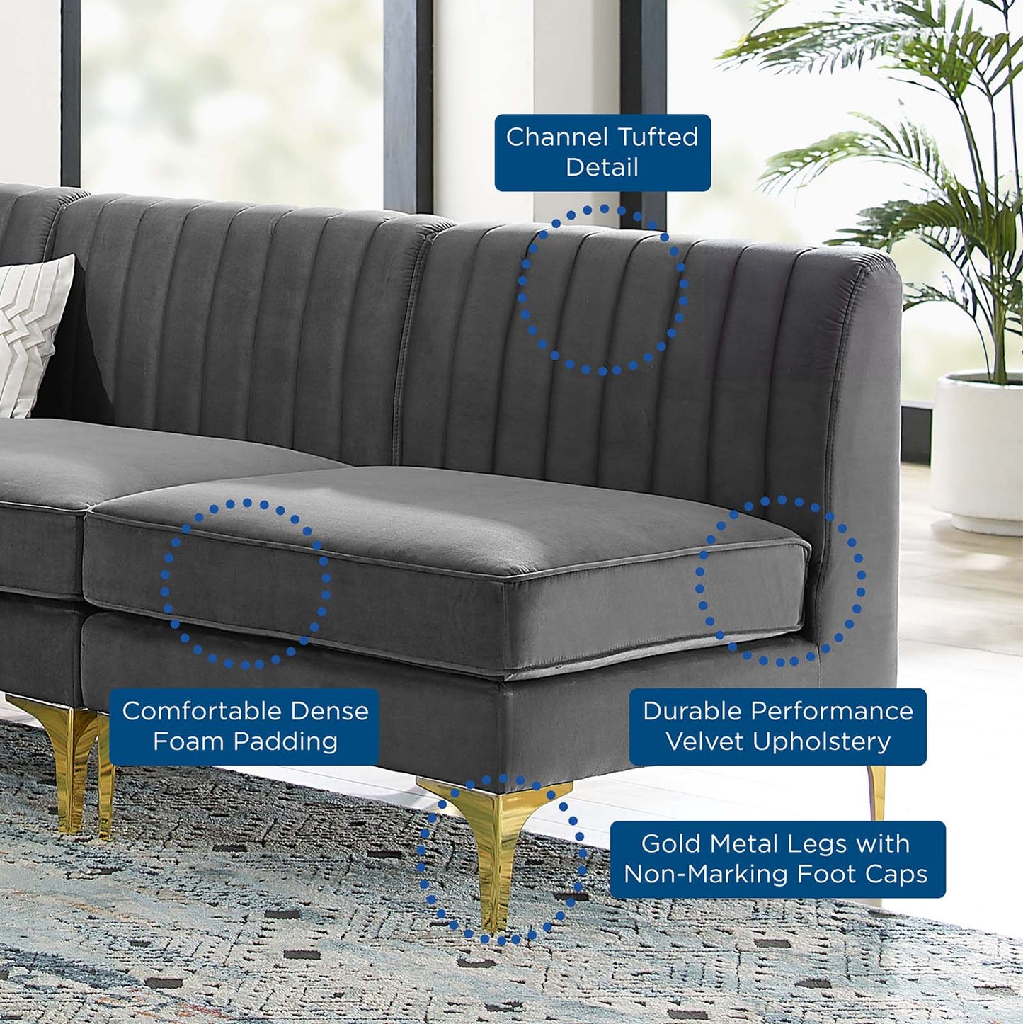 Triumph Channel Tufted Performance Velvet 5-Piece Sectional Sofa, Velvet, Grey Gray, 19812