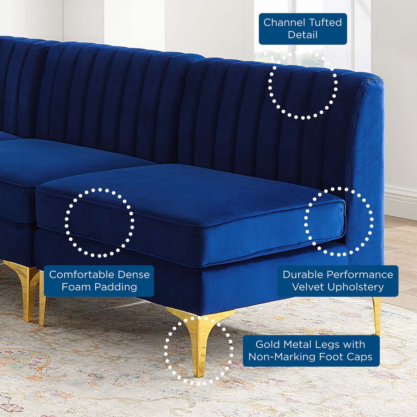 Triumph Channel Tufted Performance Velvet 5-Piece Sectional Sofa, Velvet, Blue Navy, 19813