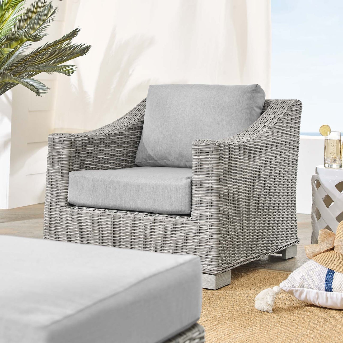 Conway Sunbrella® Outdoor Patio Wicker Rattan 2-Piece Armchair and Ottoman Set, Rattan, Wicker, Grey Gray, 19821