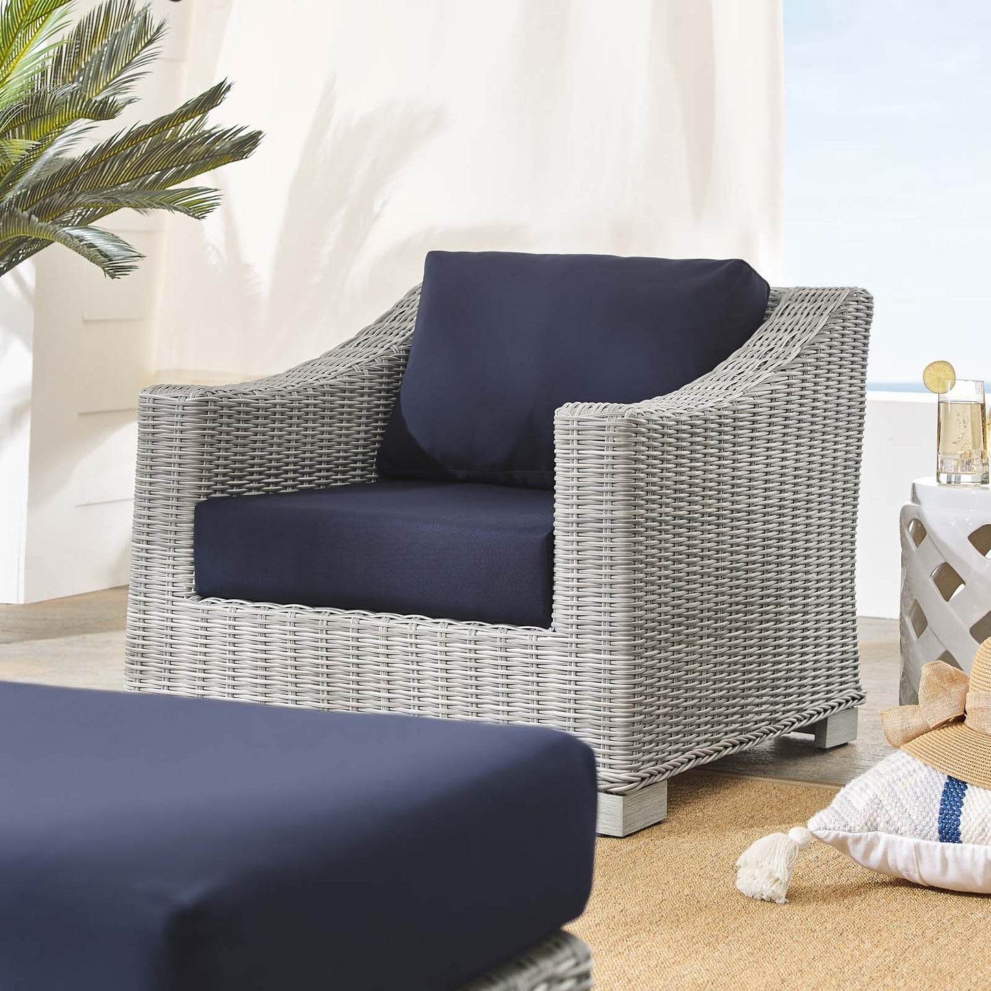 Conway Sunbrella® Outdoor Patio Wicker Rattan 2-Piece Armchair and Ottoman Set, Rattan, Wicker, Light Grey Gray Blue Navy, 19822