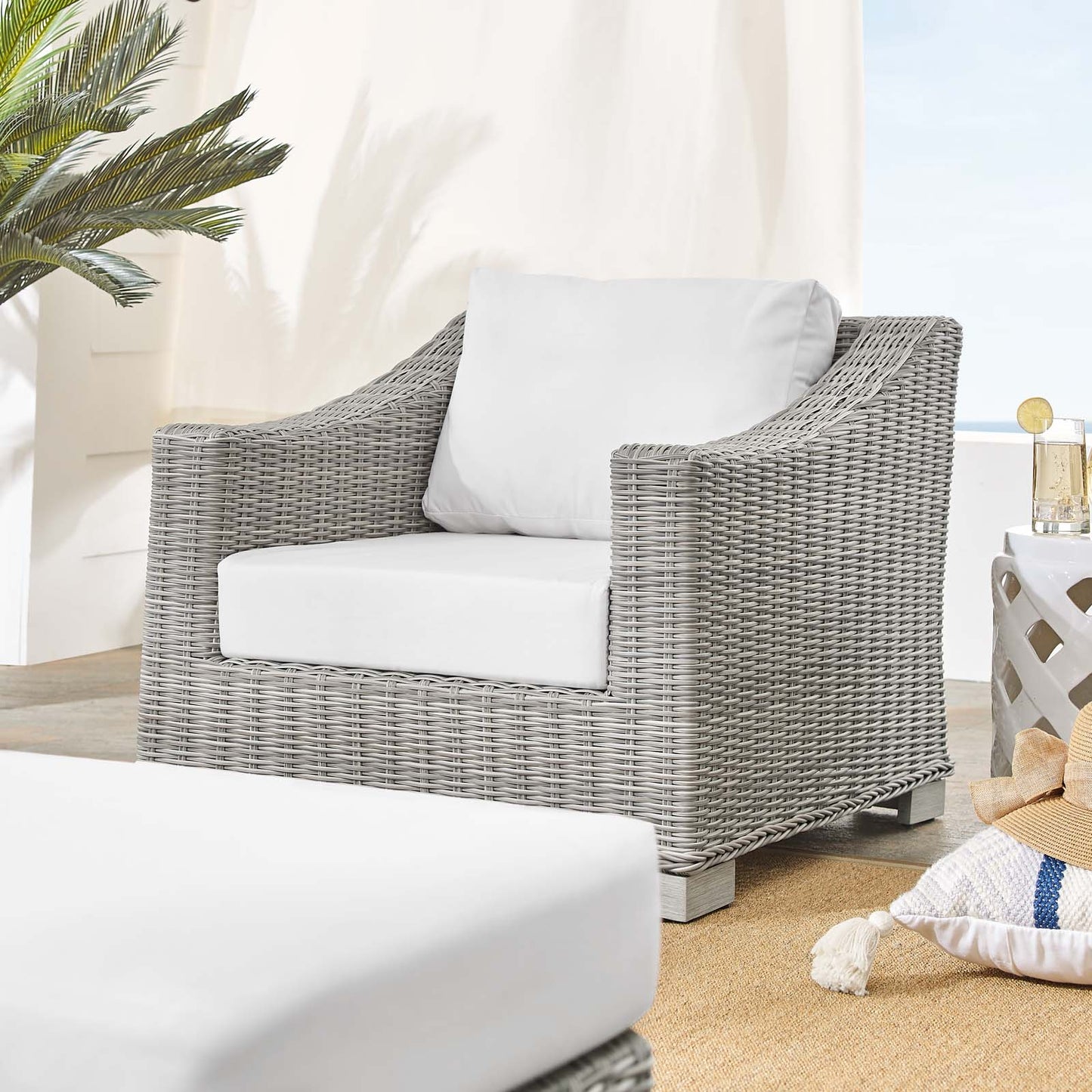 Conway Sunbrella® Outdoor Patio Wicker Rattan 2-Piece Armchair and Ottoman Set, Rattan, Wicker, Light Grey Gray White, 19823