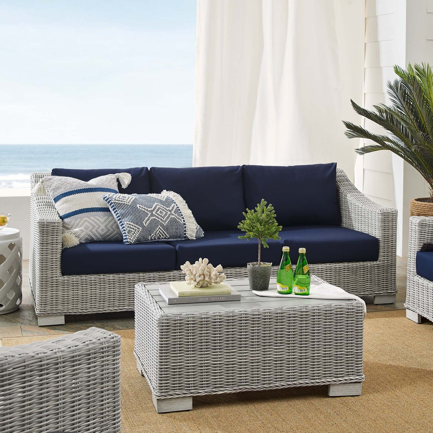 Conway Sunbrella® Outdoor Patio Wicker Rattan 4-Piece Furniture Set, Rattan, Wicker, Light Grey Gray Blue Navy, 19825