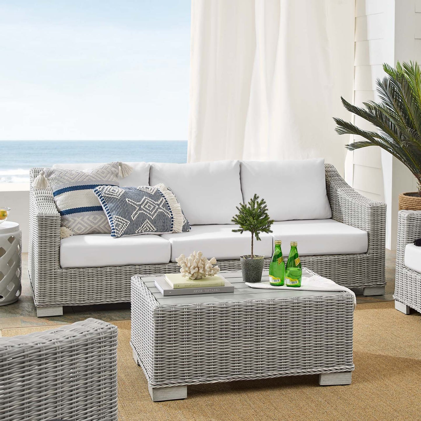 Conway Sunbrella® Outdoor Patio Wicker Rattan 4-Piece Furniture Set, Rattan, Wicker, Light Grey Gray White, 19826