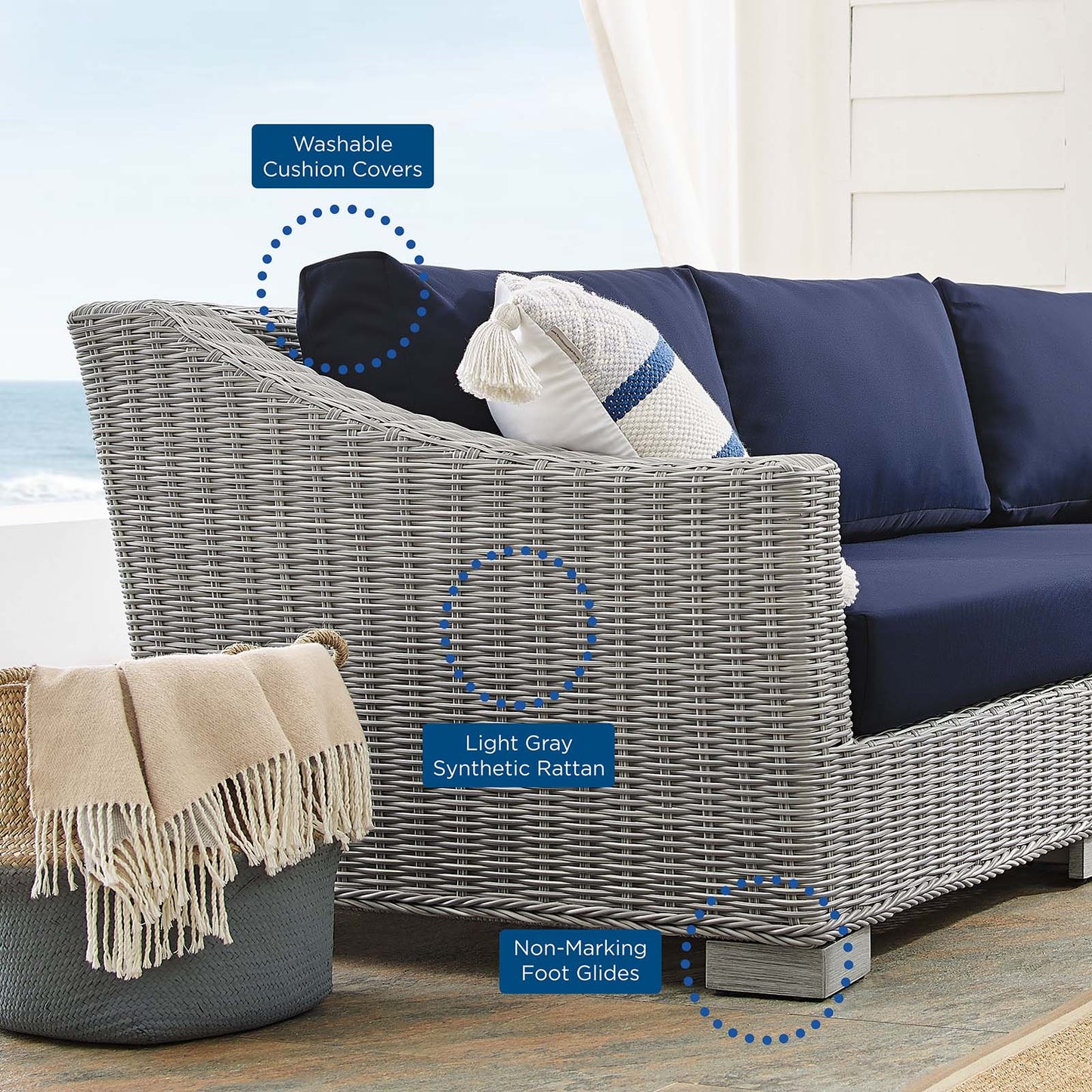 Conway Sunbrella® Outdoor Patio Wicker Rattan 5-Piece Furniture Set, Rattan, Wicker, Light Grey Gray Blue Navy, 19828