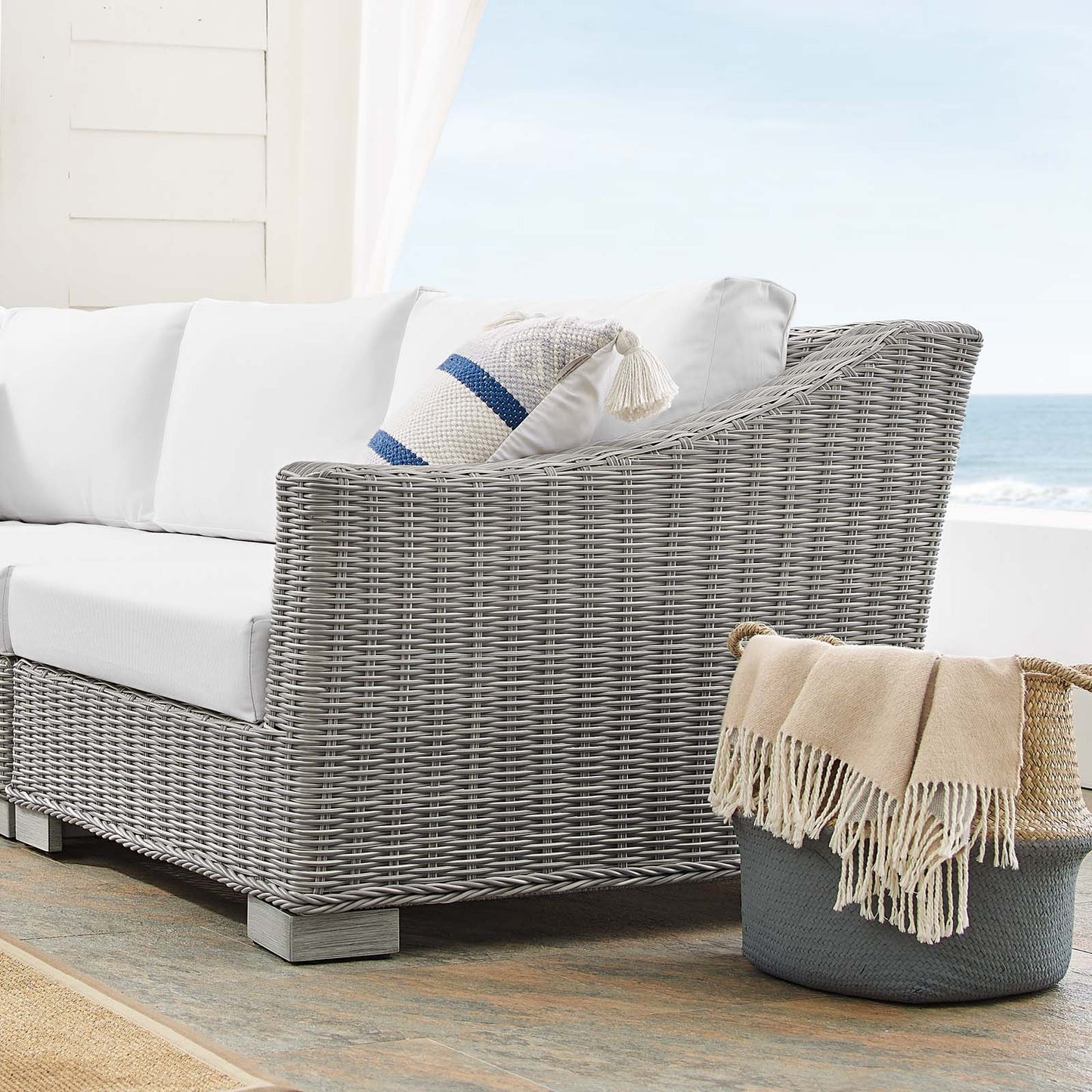Conway Sunbrella® Outdoor Patio Wicker Rattan 5-Piece Sectional Sofa Set, Rattan, Wicker, Light Grey Gray White, 19832
