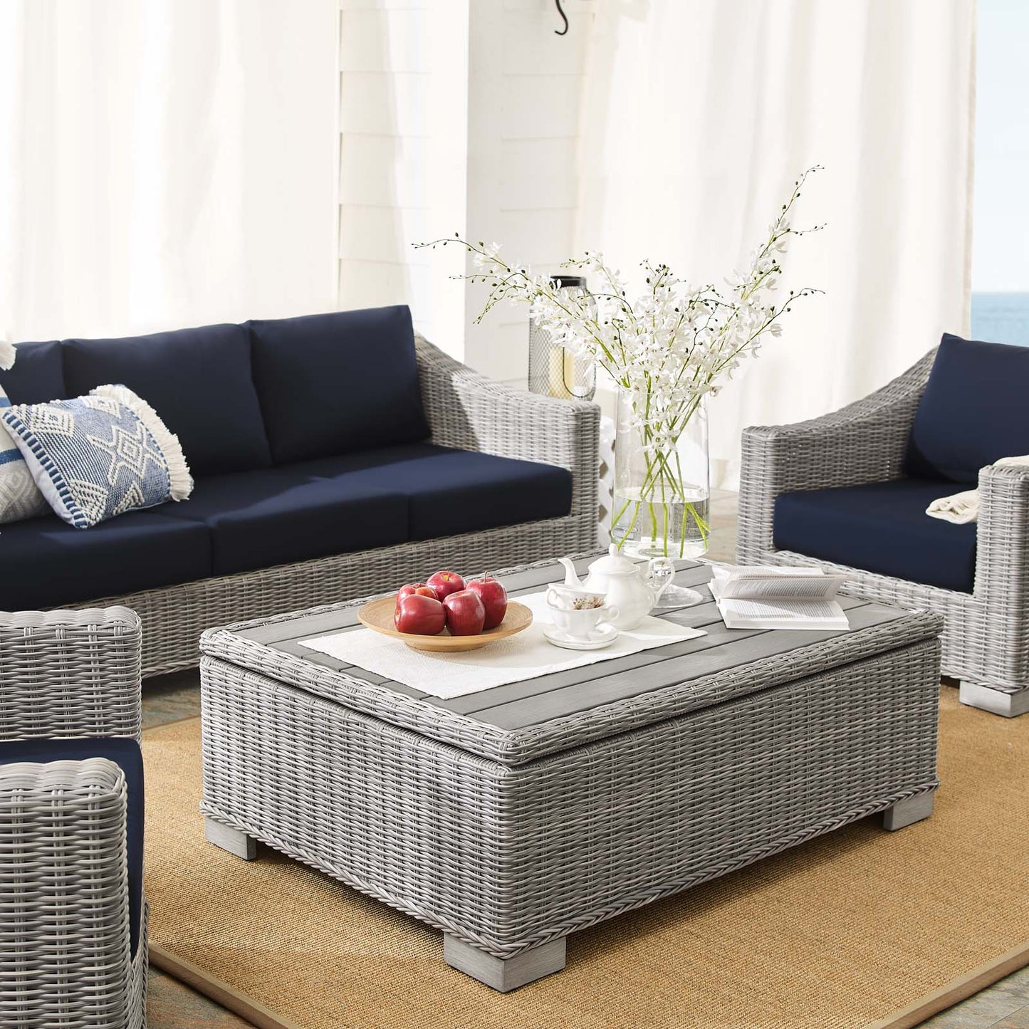 Conway Sunbrella® Outdoor Patio Wicker Rattan 4-Piece Furniture Set, Rattan, Wicker, Light Grey Gray Blue Navy, 19837
