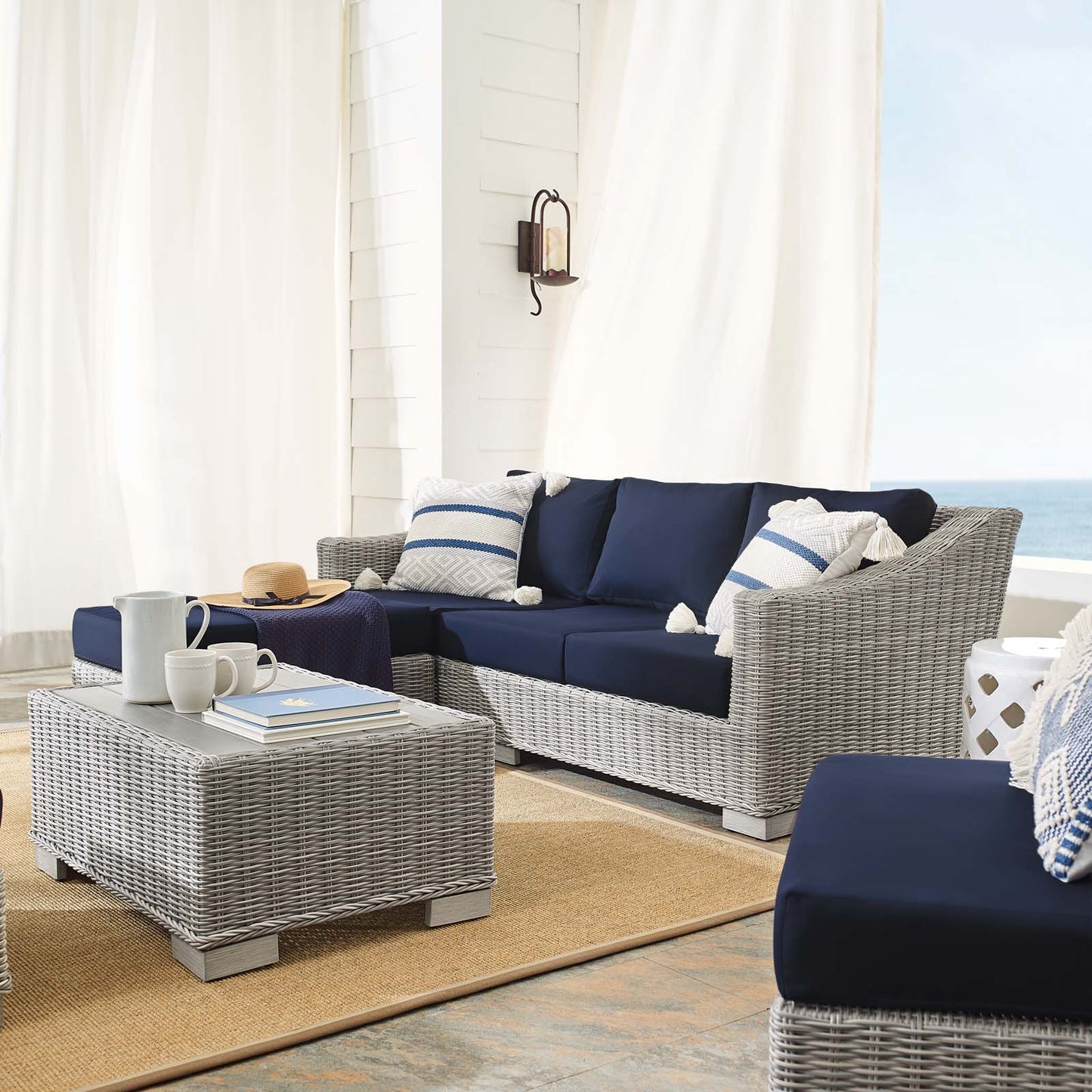 Conway Sunbrella® Outdoor Patio Wicker Rattan 5-Piece Furniture Set, Rattan, Wicker, Light Grey Gray Blue Navy, 19843