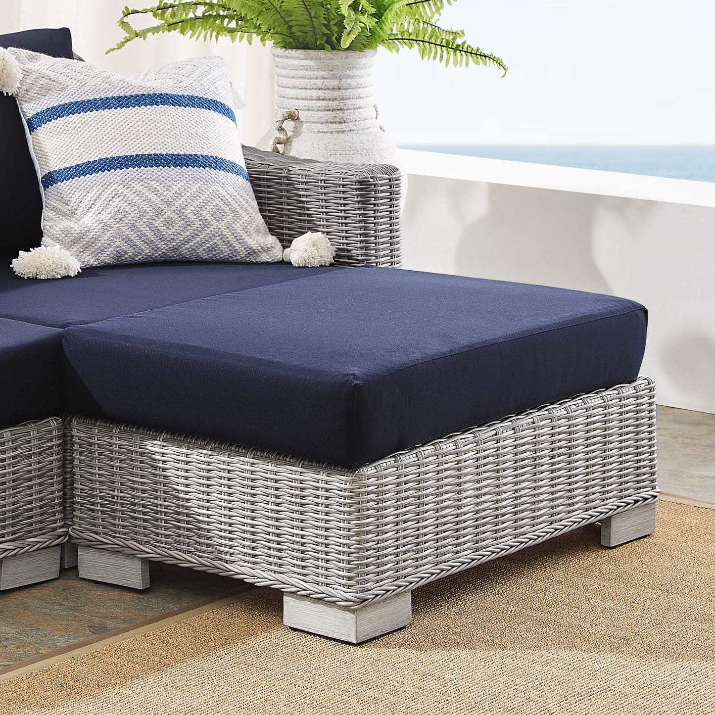 Conway Sunbrella® Outdoor Patio Wicker Rattan 6-Piece Furniture Set, Rattan, Wicker, Light Grey Gray Blue Navy, 19849