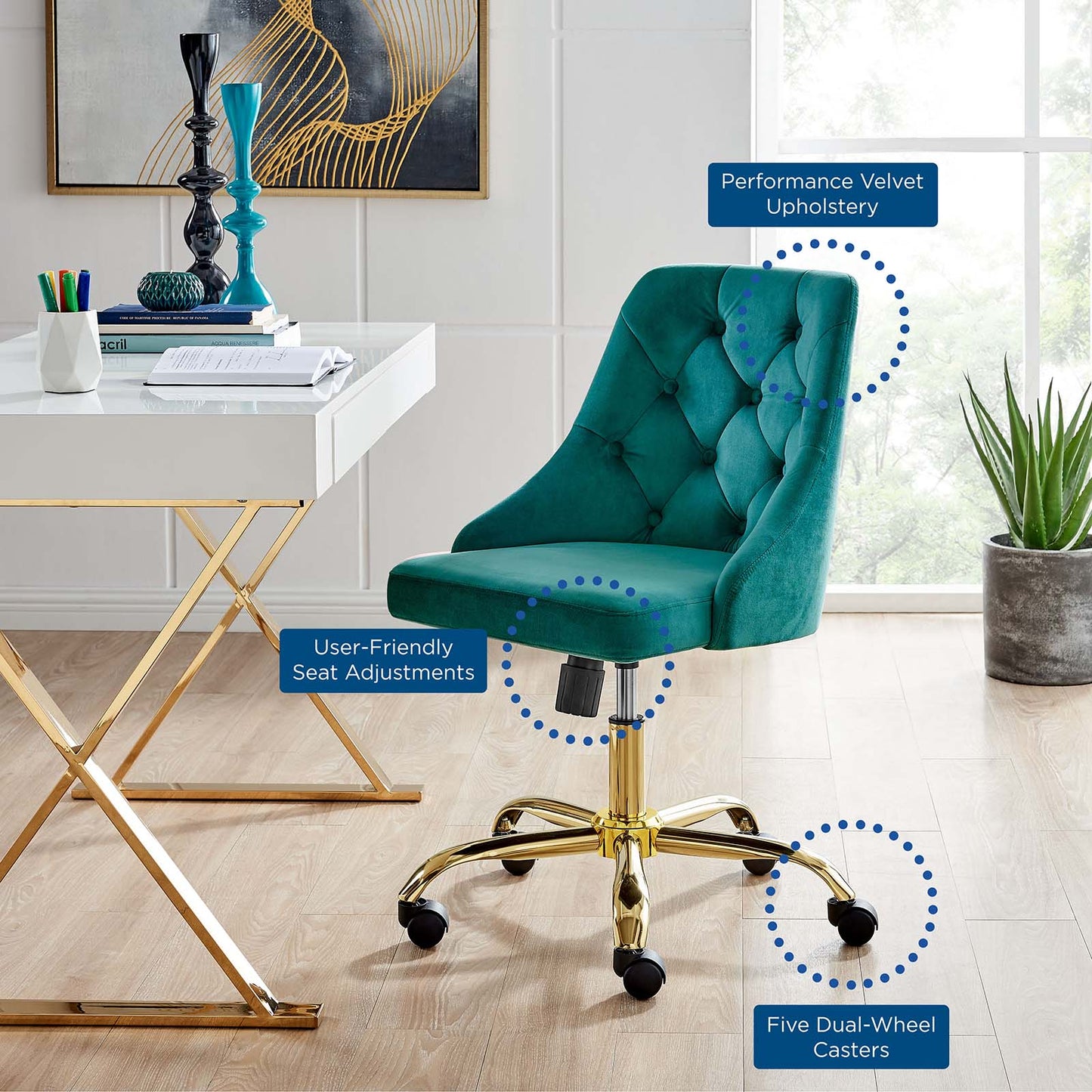 Distinct Tufted Swivel Performance Velvet Office Chair, Velvet, Gold Teal Blue, 19876