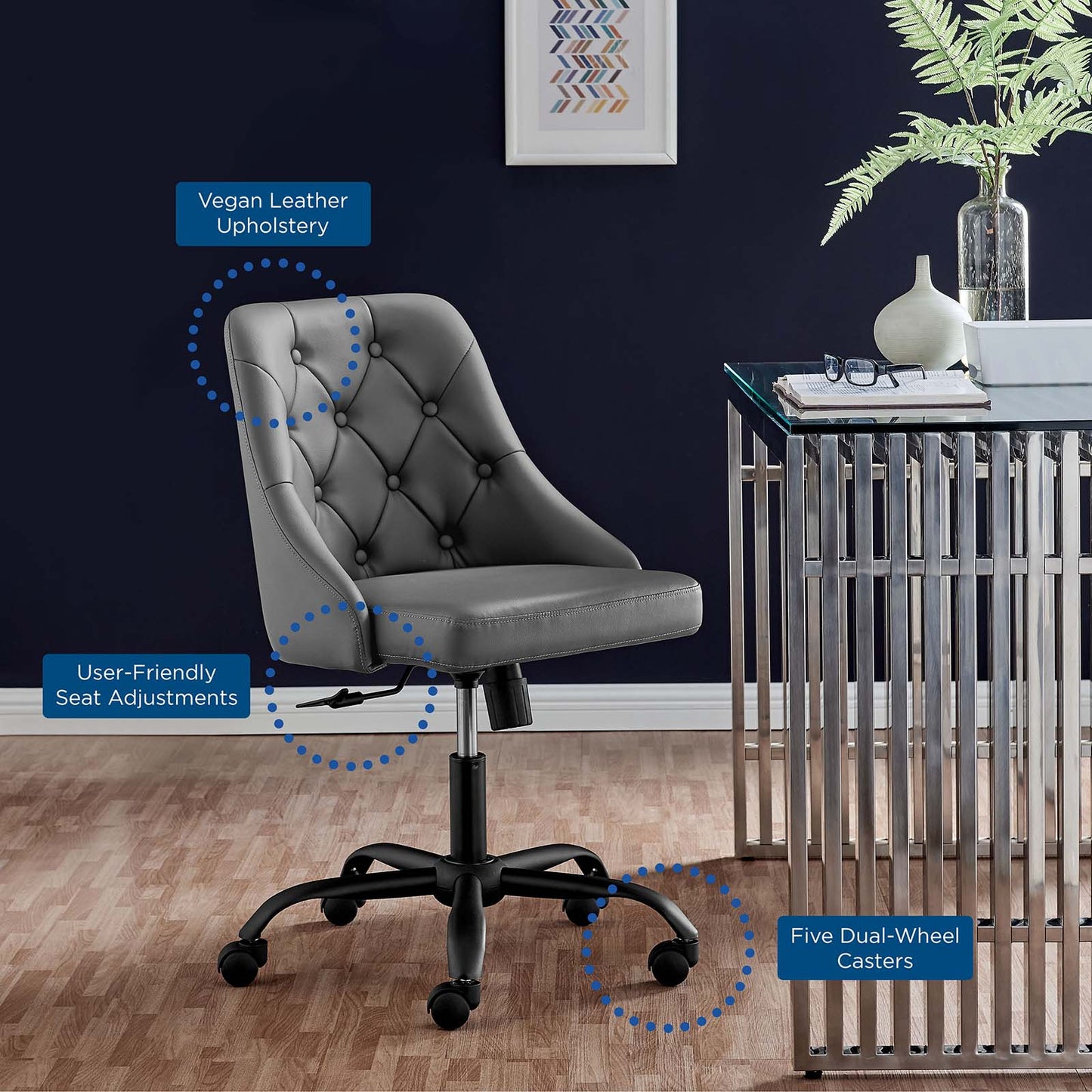 Distinct Tufted Swivel Vegan Leather Office Chair, Faux Vegan Leather, Black Grey Gray, 19880
