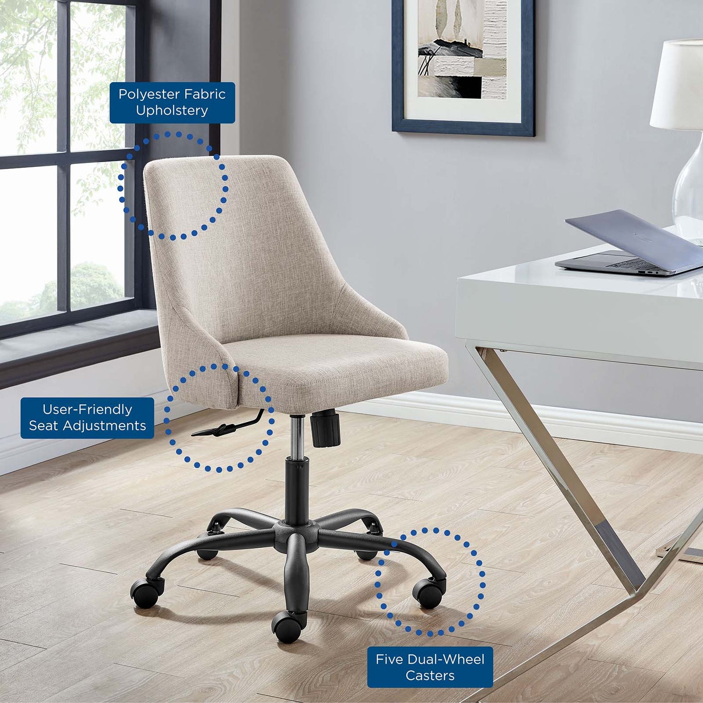 Designate Swivel Upholstered Office Chair, Fabric, Black Beige, 19883