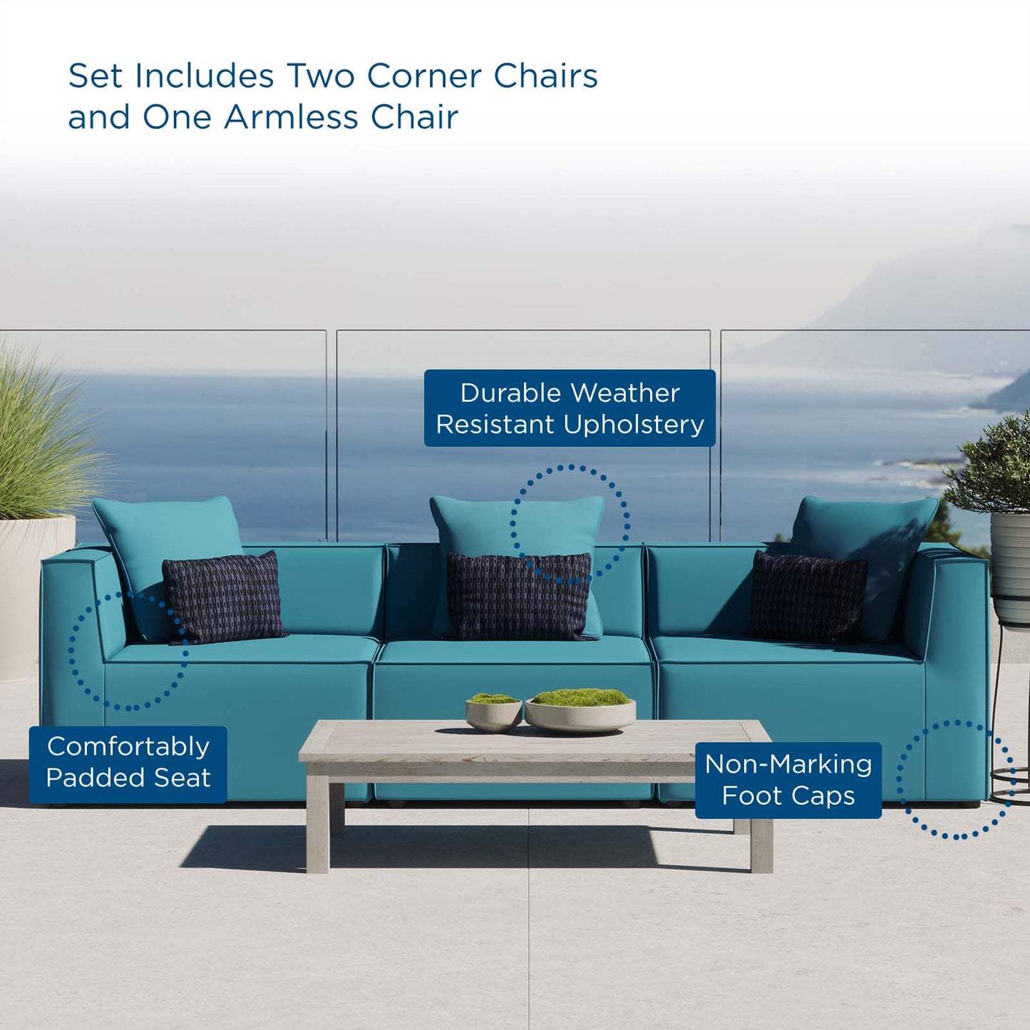 Saybrook Outdoor Patio Upholstered 3-Piece Sectional Sofa, Fabric, Blue, 19899