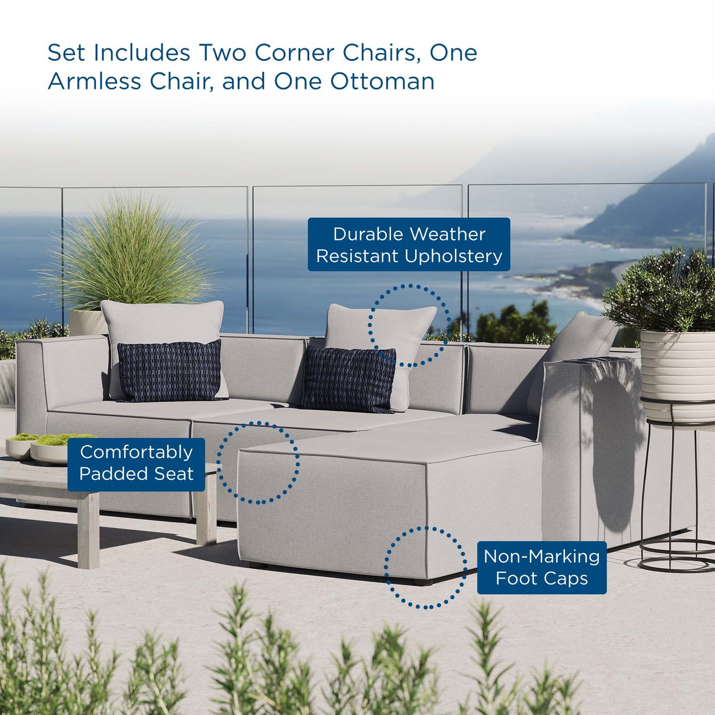 Saybrook Outdoor Patio Upholstered 4-Piece Sectional Sofa, Fabric, Grey Gray, 19901