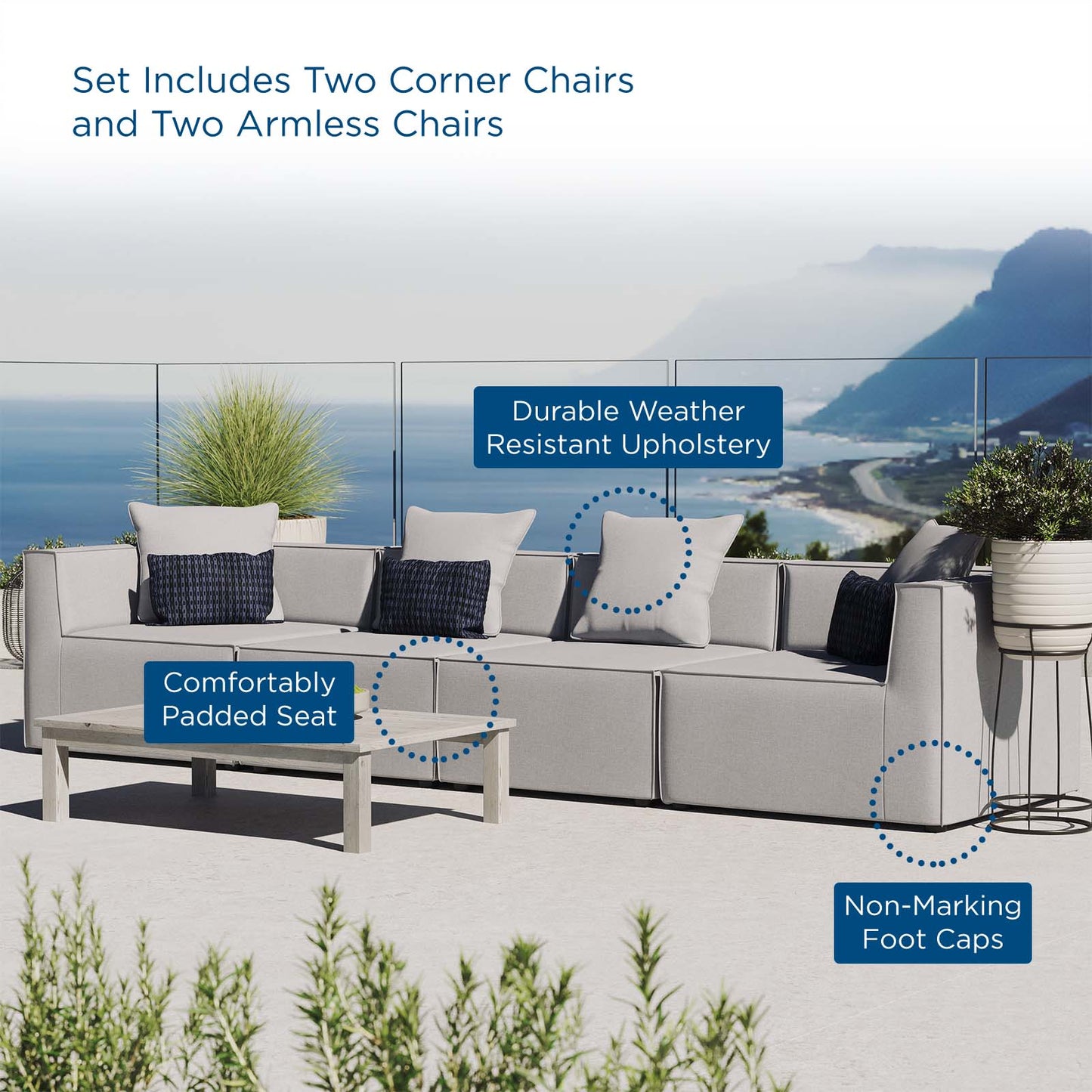 Saybrook Outdoor Patio Upholstered 4-Piece Sectional Sofa, Fabric, Grey Gray, 19905