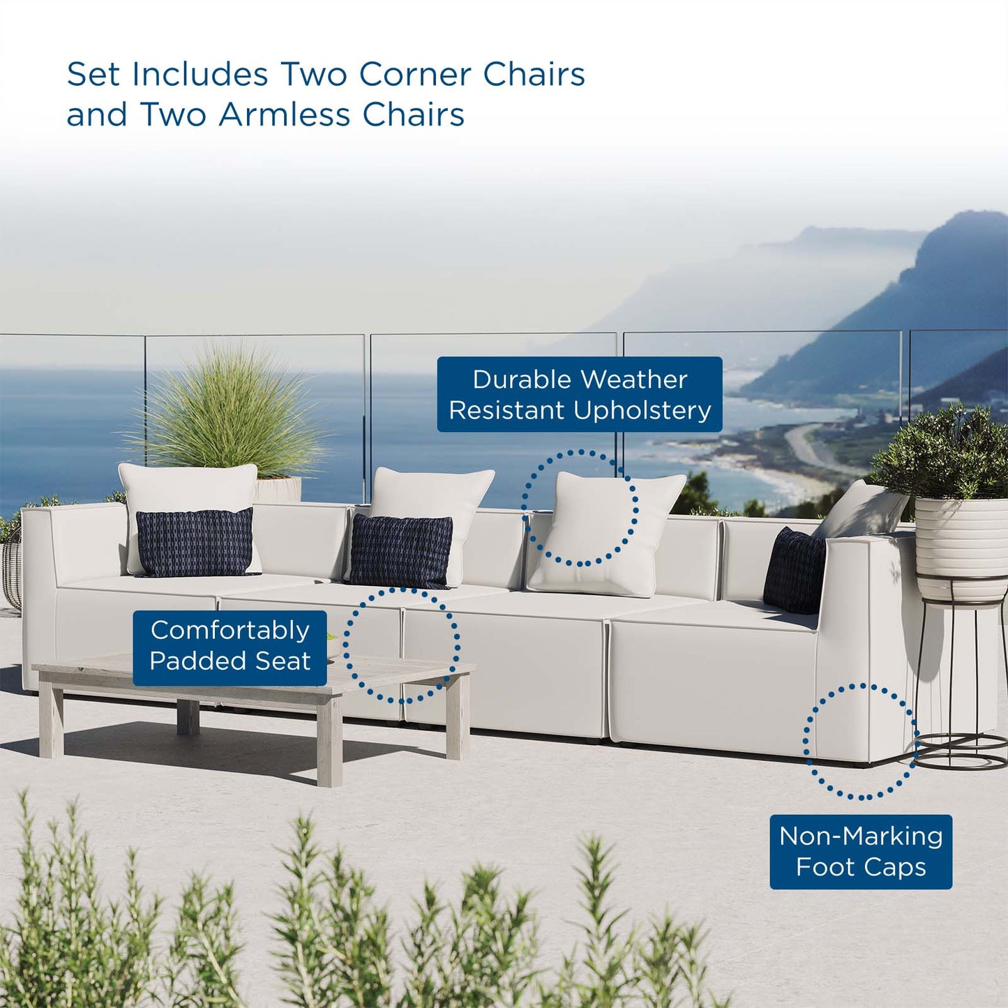 Saybrook Outdoor Patio Upholstered 4-Piece Sectional Sofa, Fabric, White, 19908