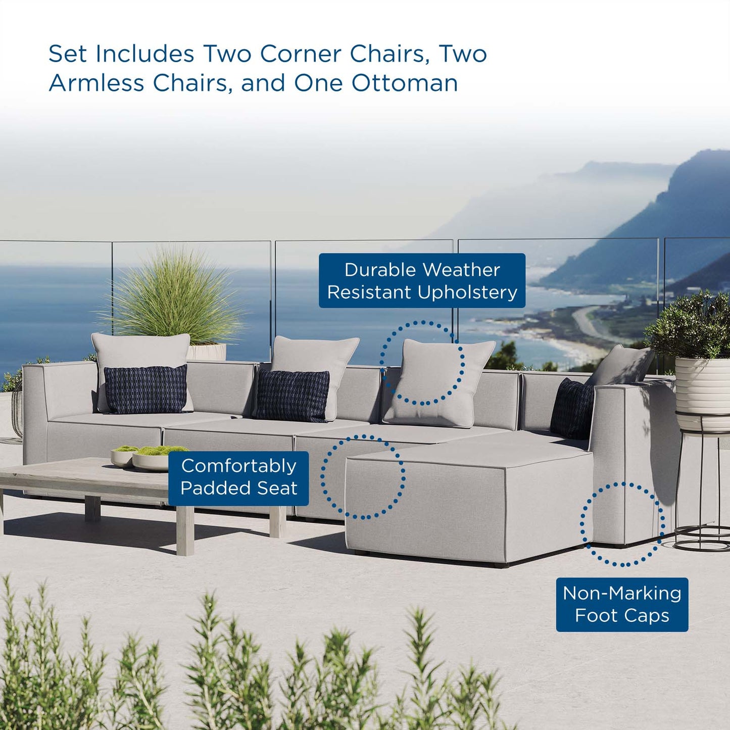 Saybrook Outdoor Patio Upholstered 5-Piece Sectional Sofa, Fabric, Grey Gray, 19909