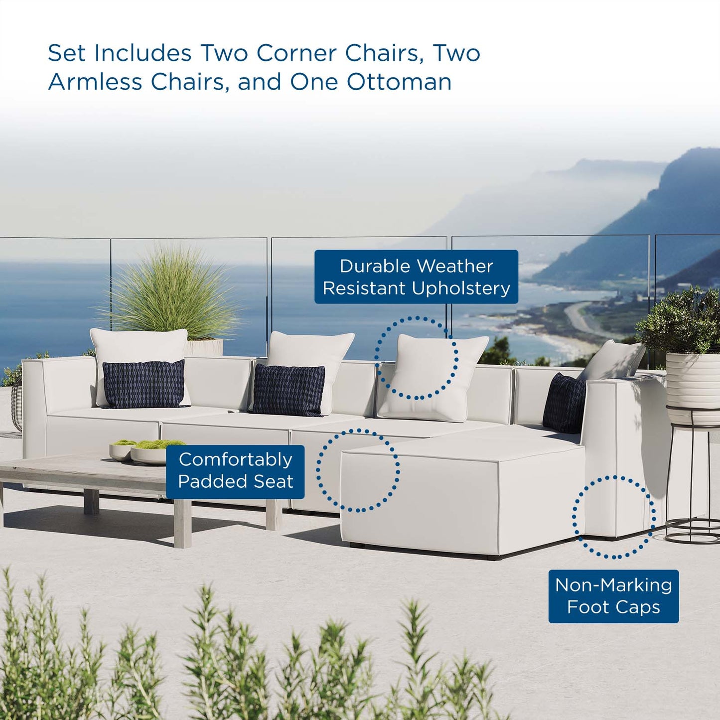 Saybrook Outdoor Patio Upholstered 5-Piece Sectional Sofa, Fabric, White, 19912