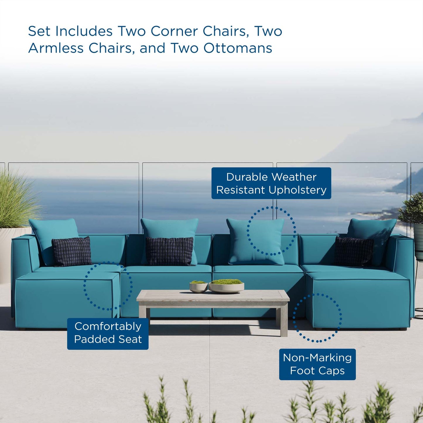 Saybrook Outdoor Patio Upholstered 6-Piece Sectional Sofa, Fabric, Blue, 19915