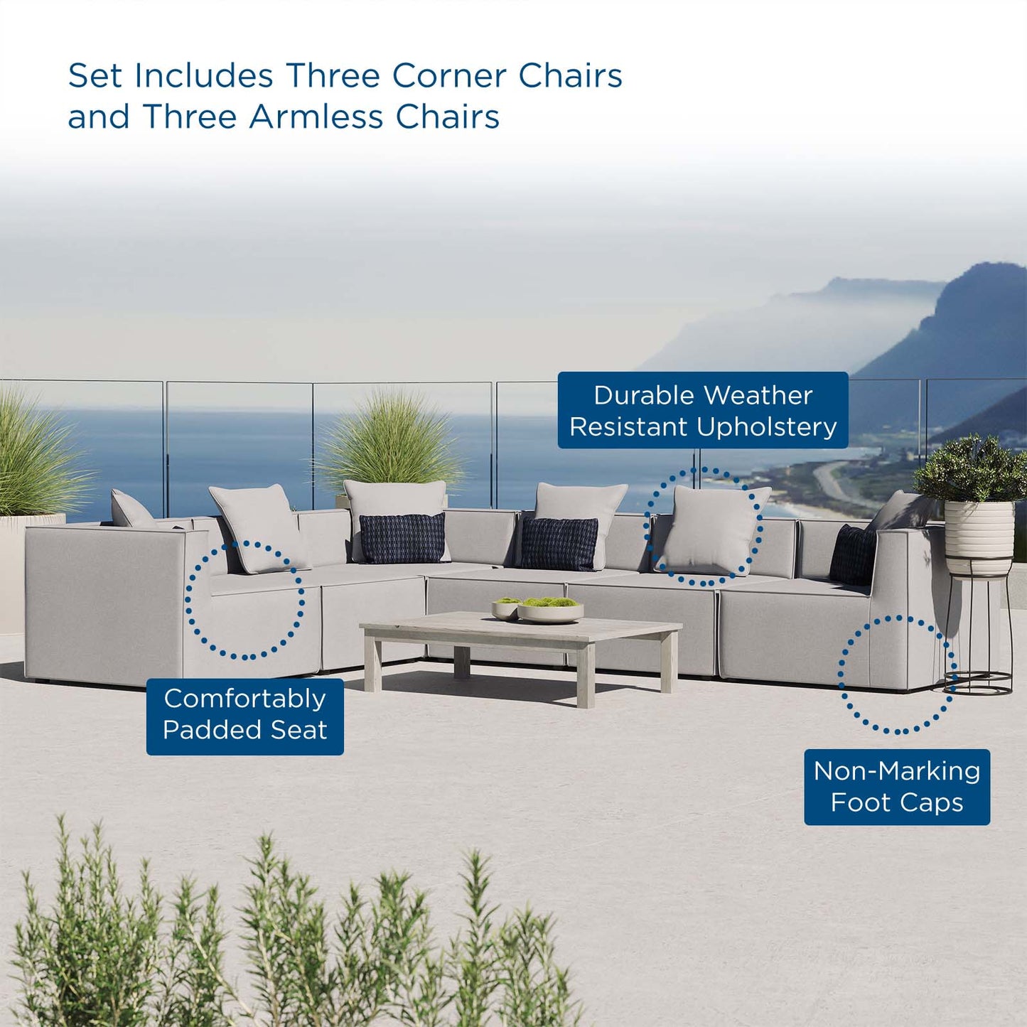 Saybrook Outdoor Patio Upholstered 6-Piece Sectional Sofa, Fabric, Grey Gray, 19921