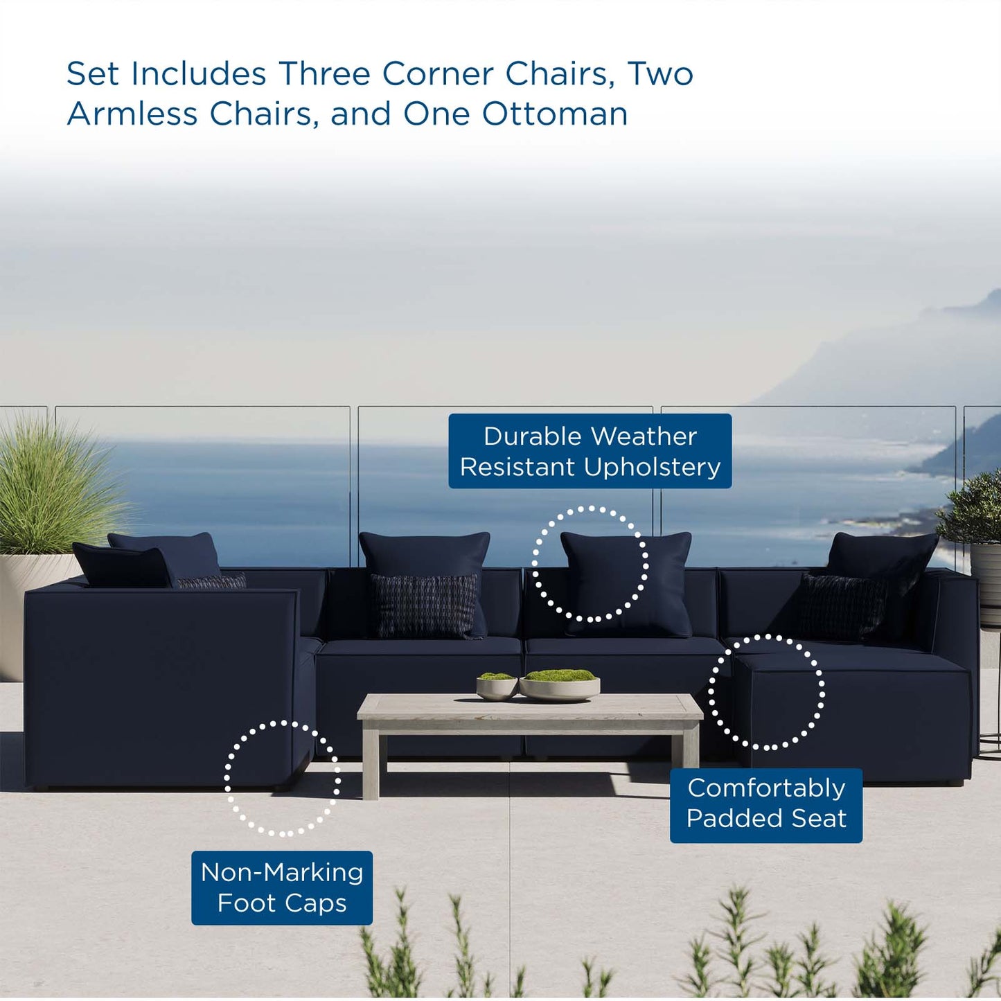 Saybrook Outdoor Patio Upholstered 6-Piece Sectional Sofa, Fabric, Blue Navy, 19926