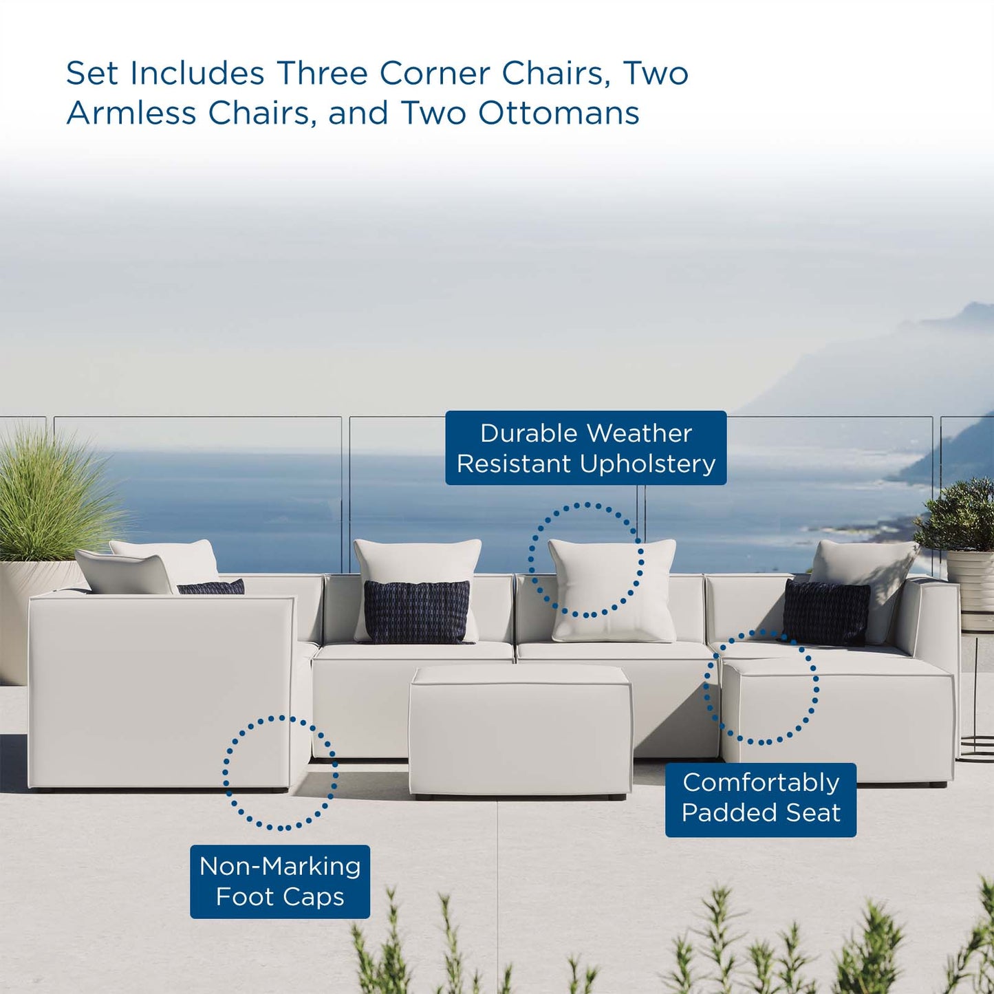 Saybrook Outdoor Patio Upholstered 7-Piece Sectional Sofa, Fabric, White, 19932