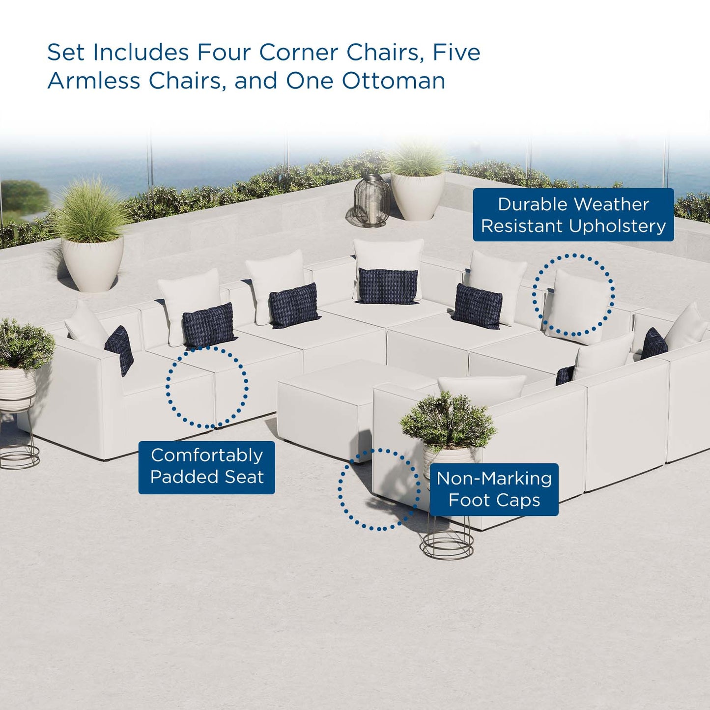 Saybrook Outdoor Patio Upholstered 10-Piece Sectional Sofa, Fabric, White, 19940
