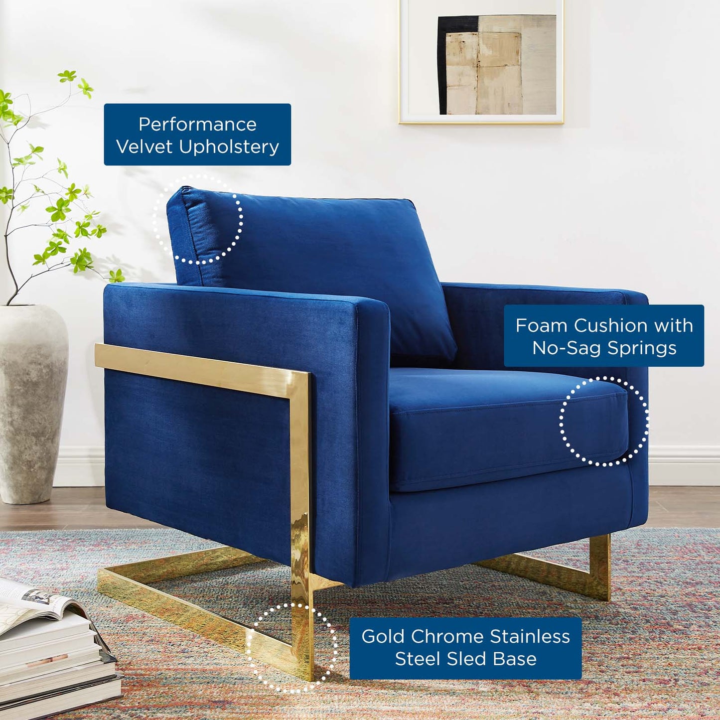 Posse Performance Velvet Accent Chair, Velvet, Metal Steel, Gold Blue Navy, 19942