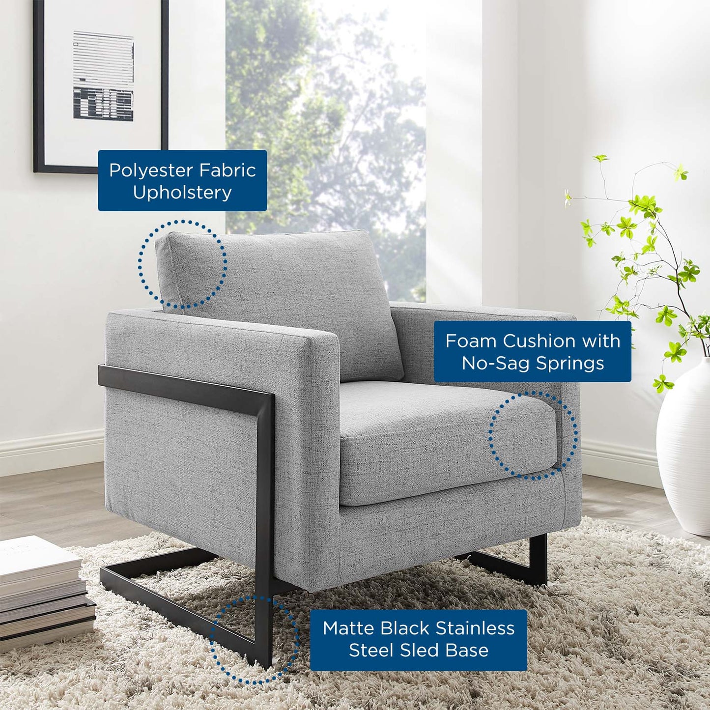 Posse Upholstered Fabric Accent Chair, Fabric, Metal Steel, Black Grey Gray, 19947