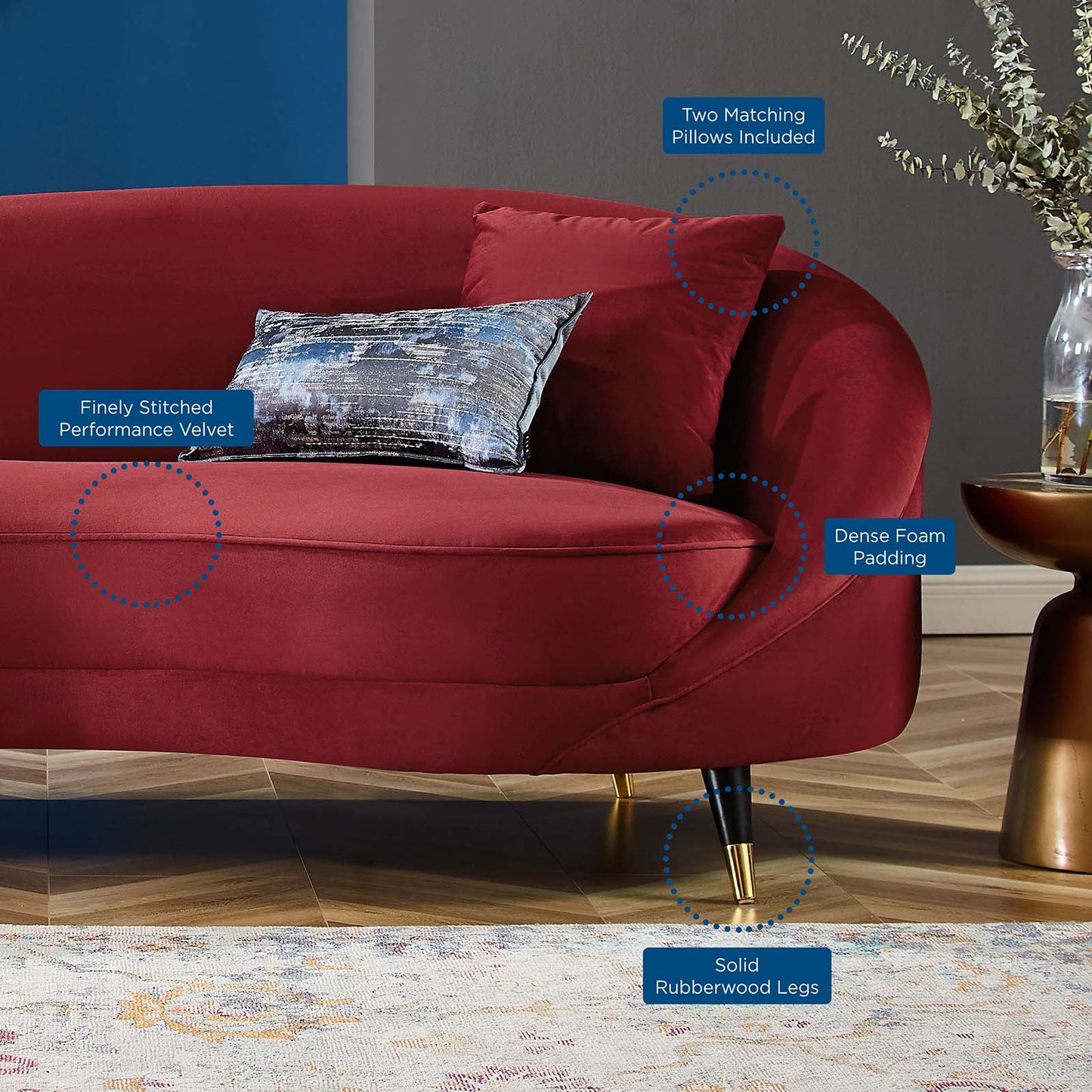 Echo Performance Velvet Sofa, Velvet, Red, 19973