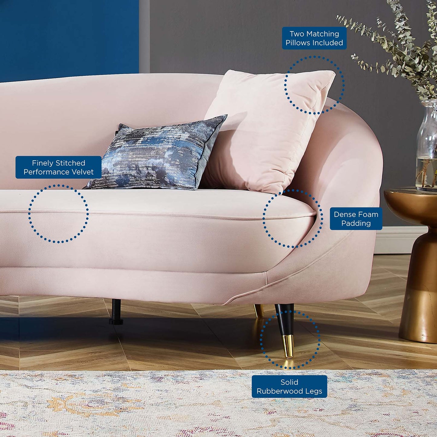 Echo Performance Velvet Sofa, Velvet, Pink, 19975